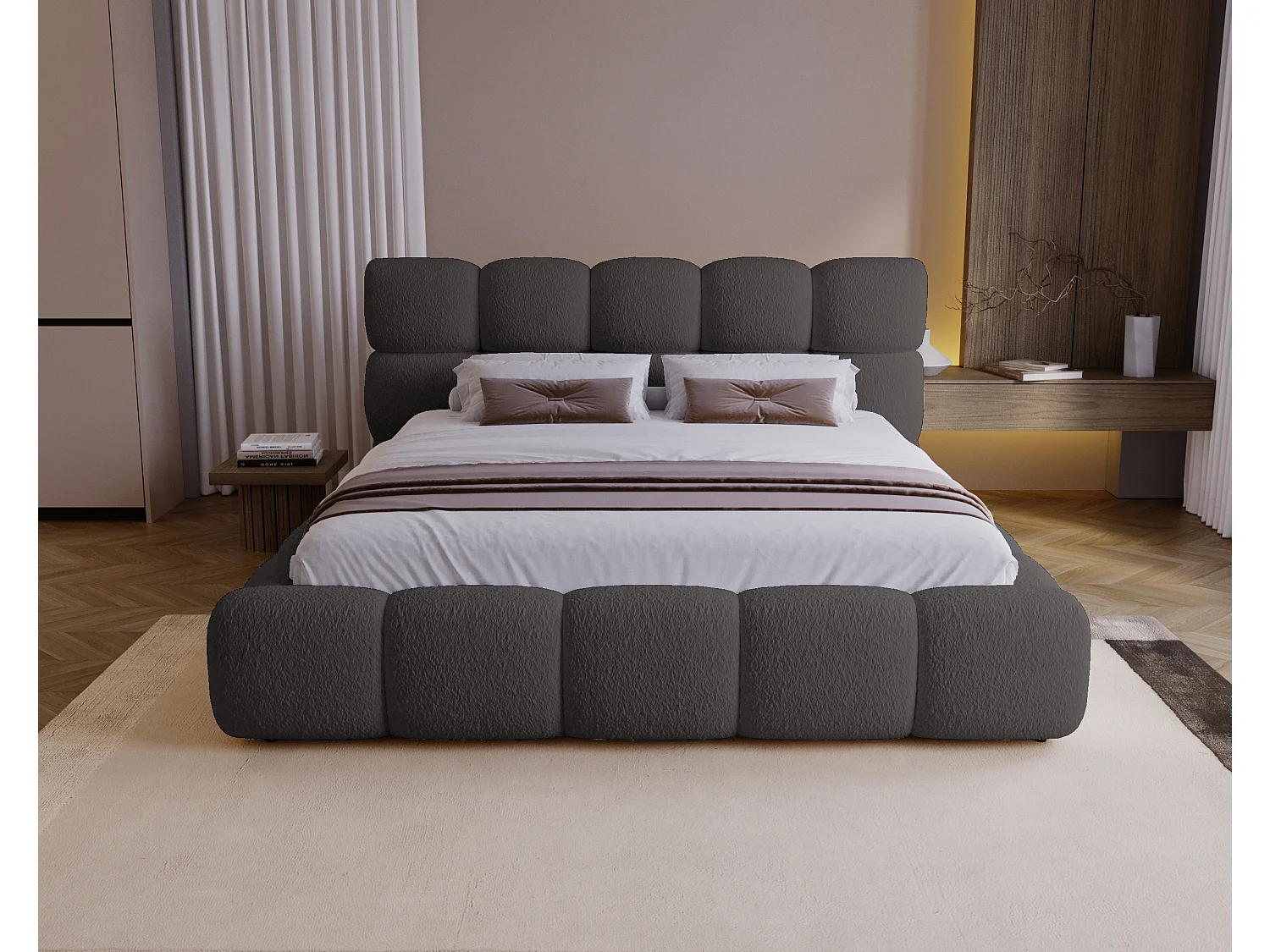 BESILIO Gestoffeerd bed 140x200 bouclé Boston – bed met opbergruimte en lattenbodem, modern opbergbed met dikke schuimvulling – Gris