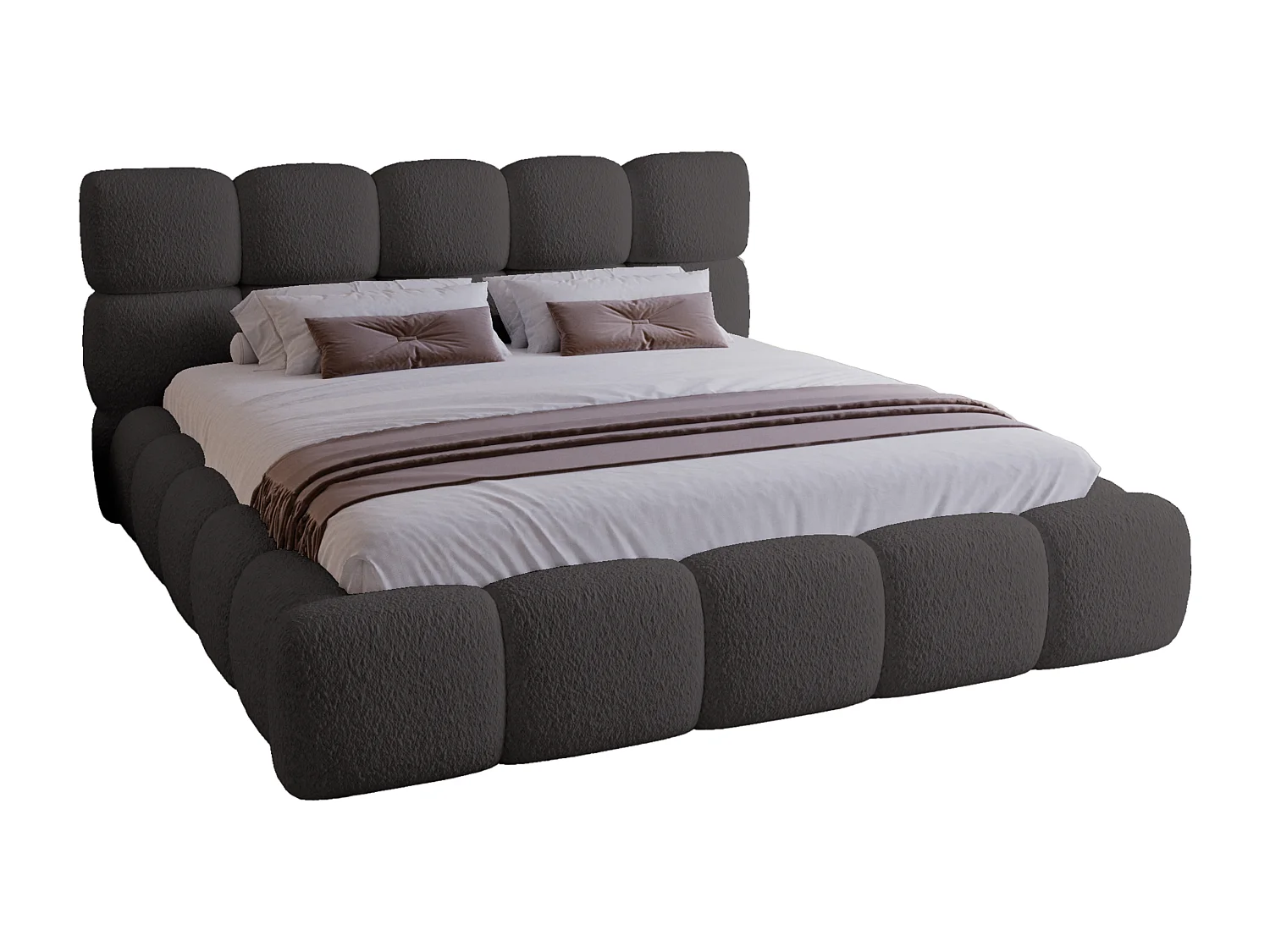 BESILIO Lit tapissé 140x200 bouclé Boston – lit avec coffre de rangement et sommier, lit coffre moderne en mousse épaisse – Gris