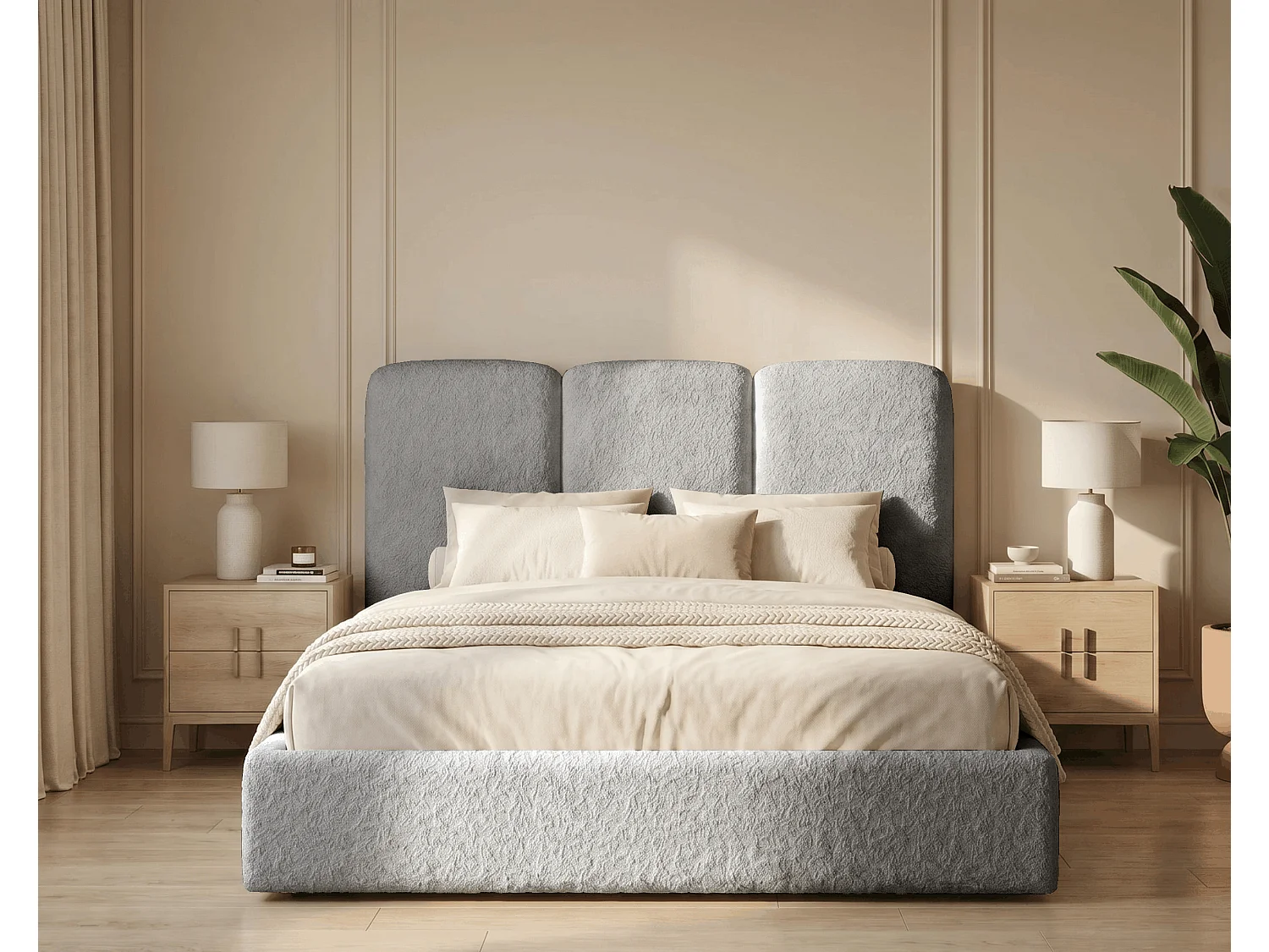 BESILIO Polsterbett 200x200 Mira Bouclé – Bett mit Bettkasten und Holzlattenrost, modernes Stauraumbett Schlafzimmer, Bouclé Stoff – Hellgrau