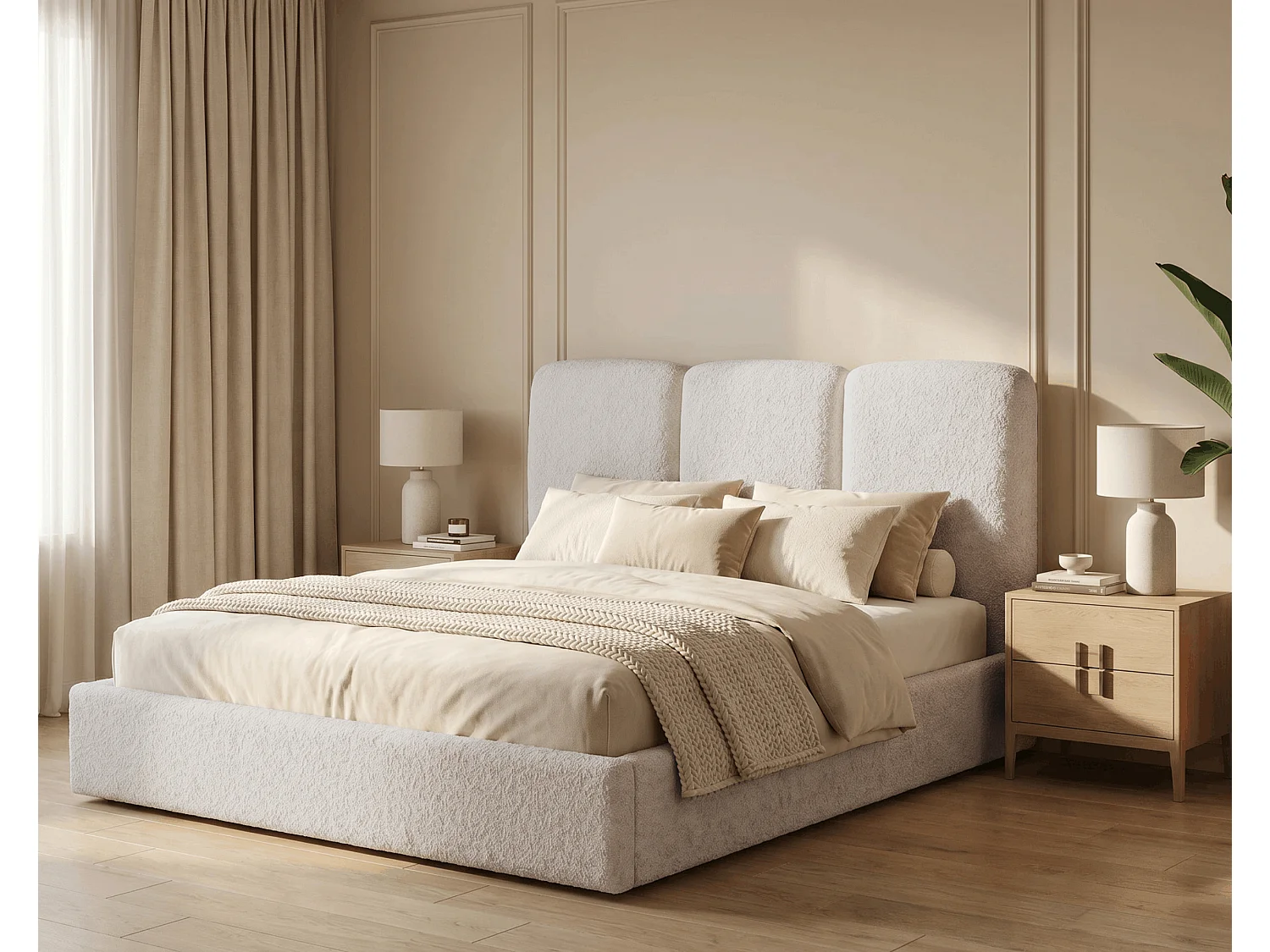 BESILIO Lit tapissé 140x200 Mira bouclé – lit avec coffre de rangement et sommier bois, lit coffre moderne chambre, tissu bouclé – Beige