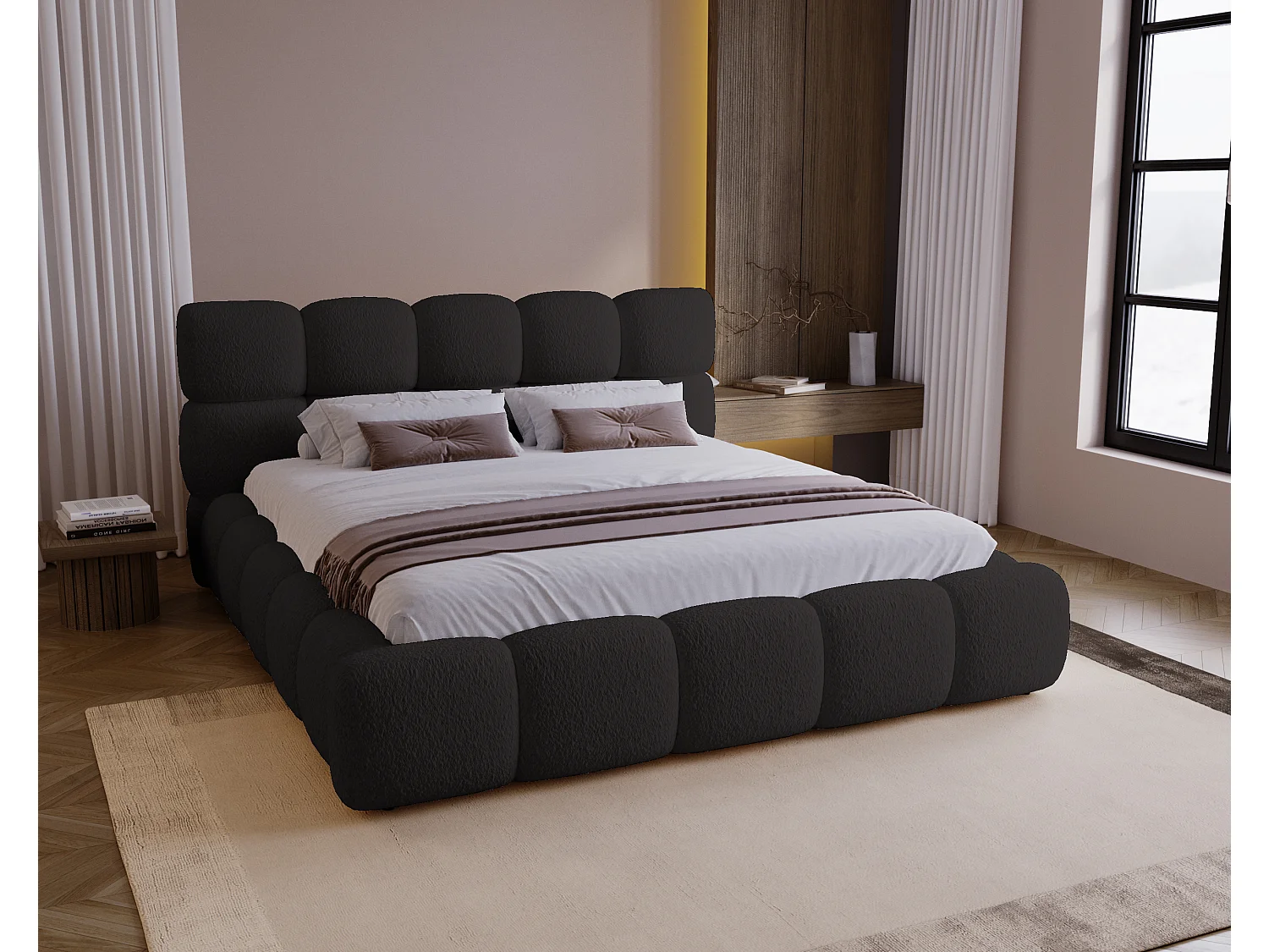 BESILIO Gestoffeerd bed 180x200 bouclé Boston – bed met opbergruimte en lattenbodem, modern opbergbed met dikke schuimvulling – Zwart