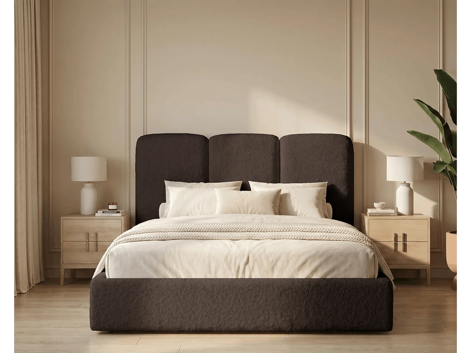 BESILIO Lit tapissé 120x200 Mira bouclé – lit avec coffre de rangement et sommier bois, lit coffre moderne chambre, tissu bouclé – Marron