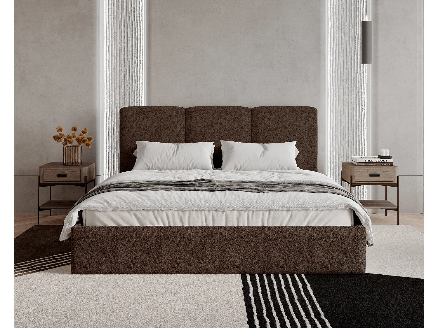 BESILIO Polsterbett 200x200 Mira Bouclé – Bett mit Bettkasten und Holzlattenrost, modernes Stauraumbett Schlafzimmer, Bouclé Stoff – Braun