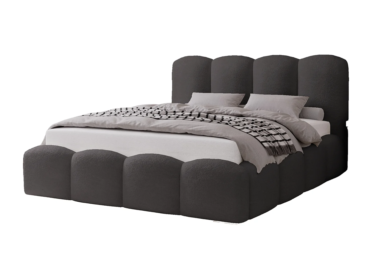 BESILIO Lit tapissé 140x200 Fluffy – lit nuage bouclé, lit avec coffre de rangement et sommier, mousse épaisse, lit coffre moderne pour chambre – Gris