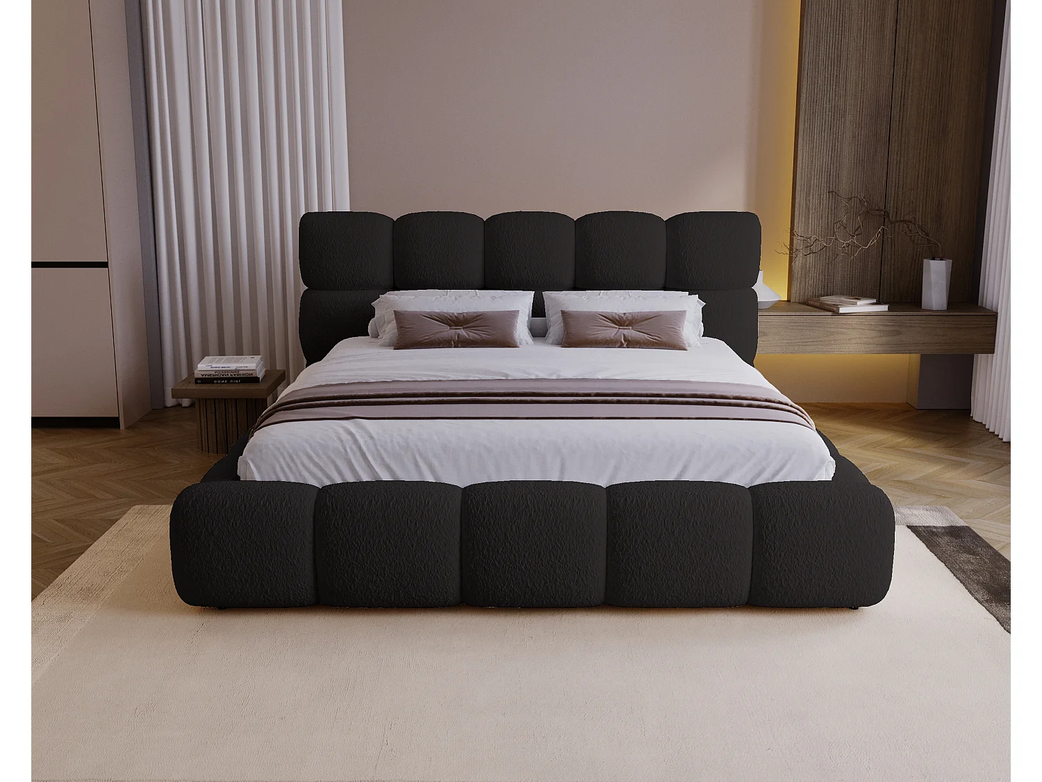 BESILIO Lit tapissé 200x200 bouclé Boston – lit avec coffre de rangement et sommier, lit coffre moderne en mousse épaisse – Noir