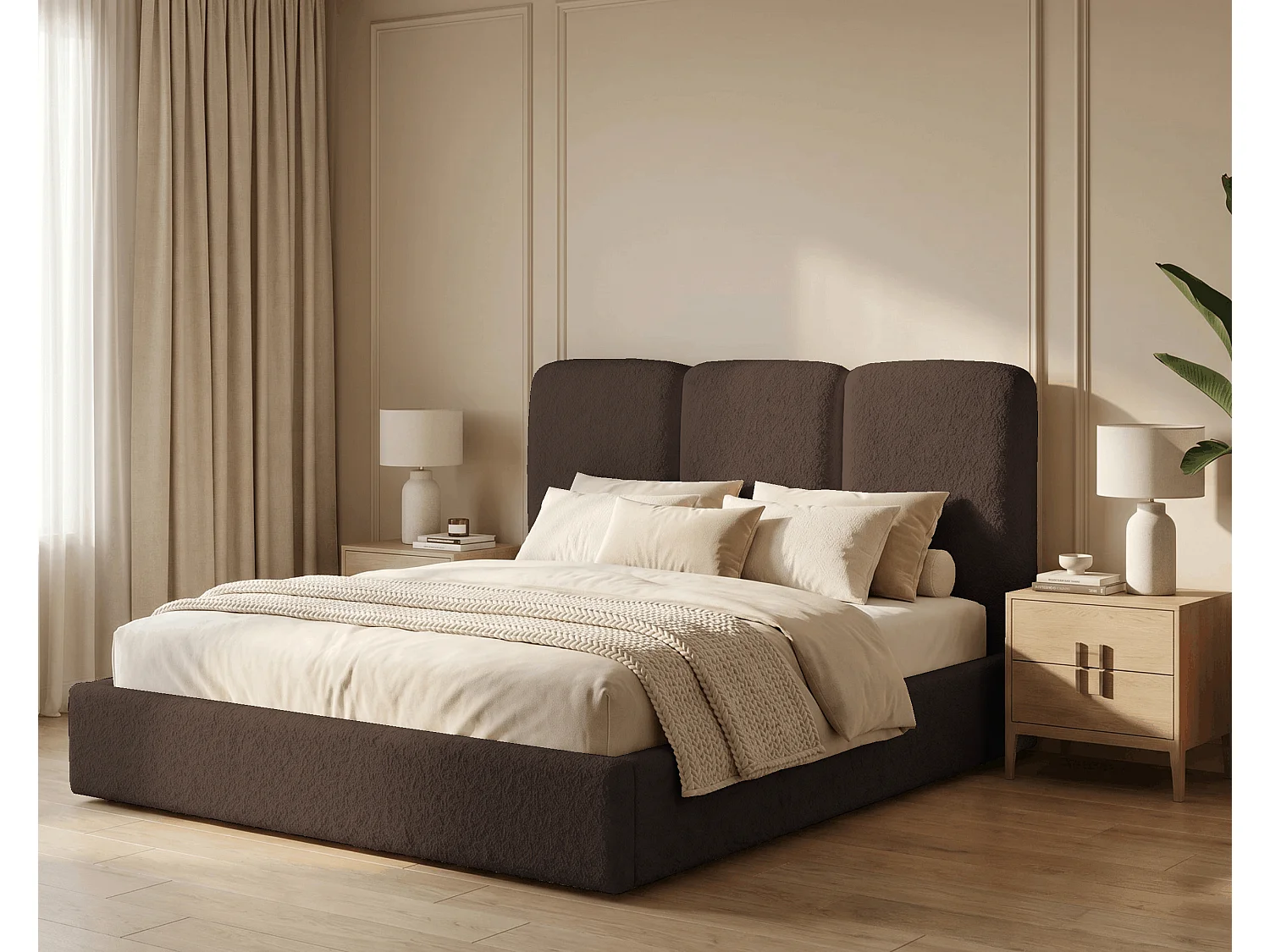 BESILIO Lit tapissé 180x200 Mira bouclé – lit avec coffre de rangement et sommier bois, lit coffre moderne chambre, tissu bouclé – Marron