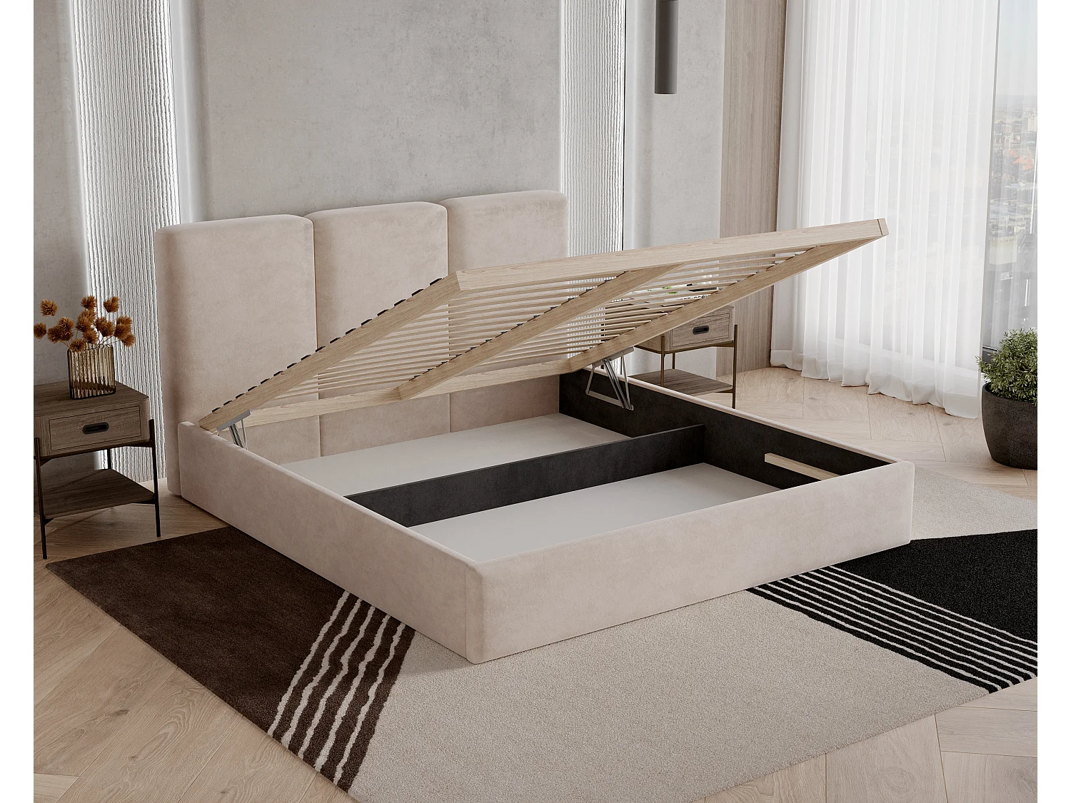 BESILIO Gestoffeerd bed 180x200 Mira bouclé – bed met opbergruimte en houten lattenbodem, modern opbergbed slaapkamer, bouclé stof – Zwart