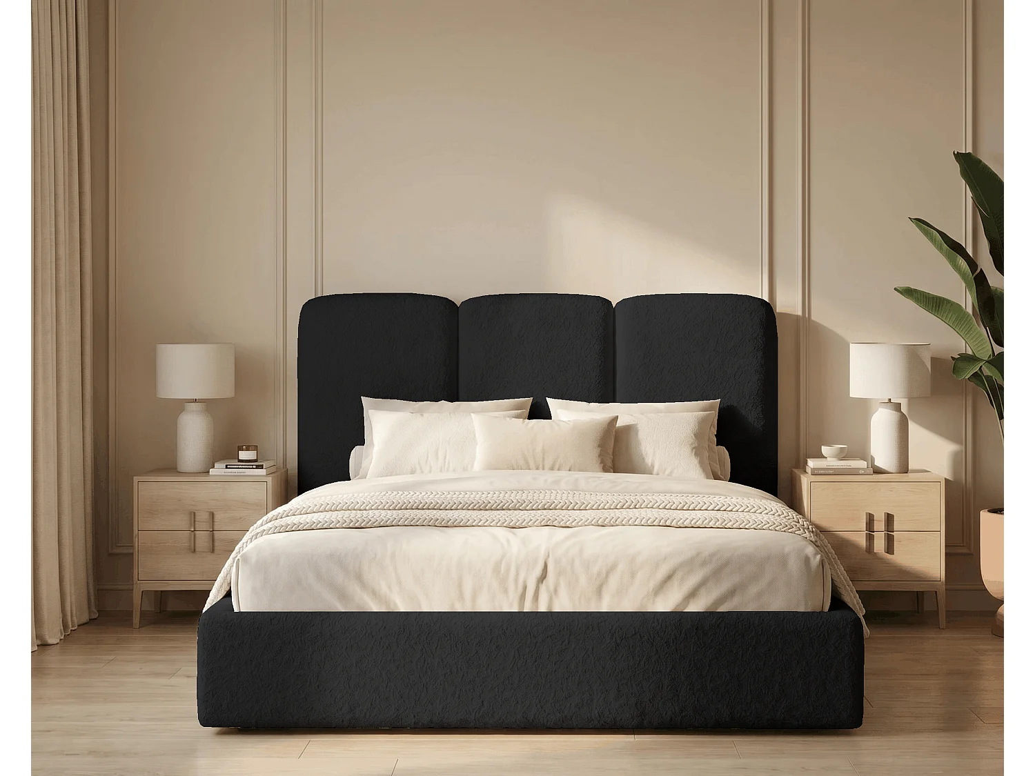 BESILIO Polsterbett 180x200 Mira Bouclé – Bett mit Bettkasten und Holzlattenrost, modernes Stauraumbett Schlafzimmer, Bouclé Stoff – Schwarz