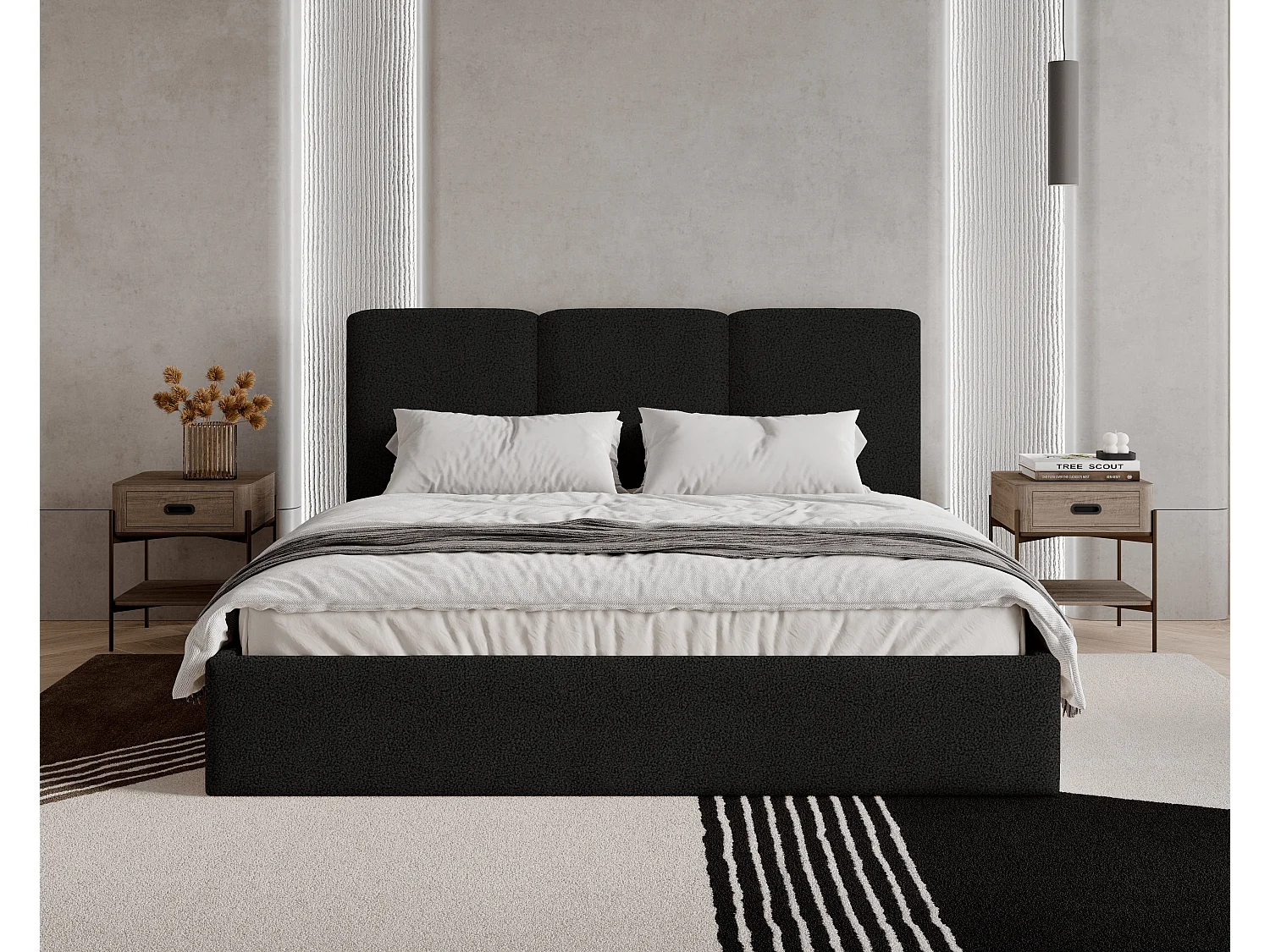 BESILIO Gestoffeerd bed 200x200 Mira bouclé – bed met opbergruimte en houten lattenbodem, modern opbergbed slaapkamer, bouclé stof – Zwart