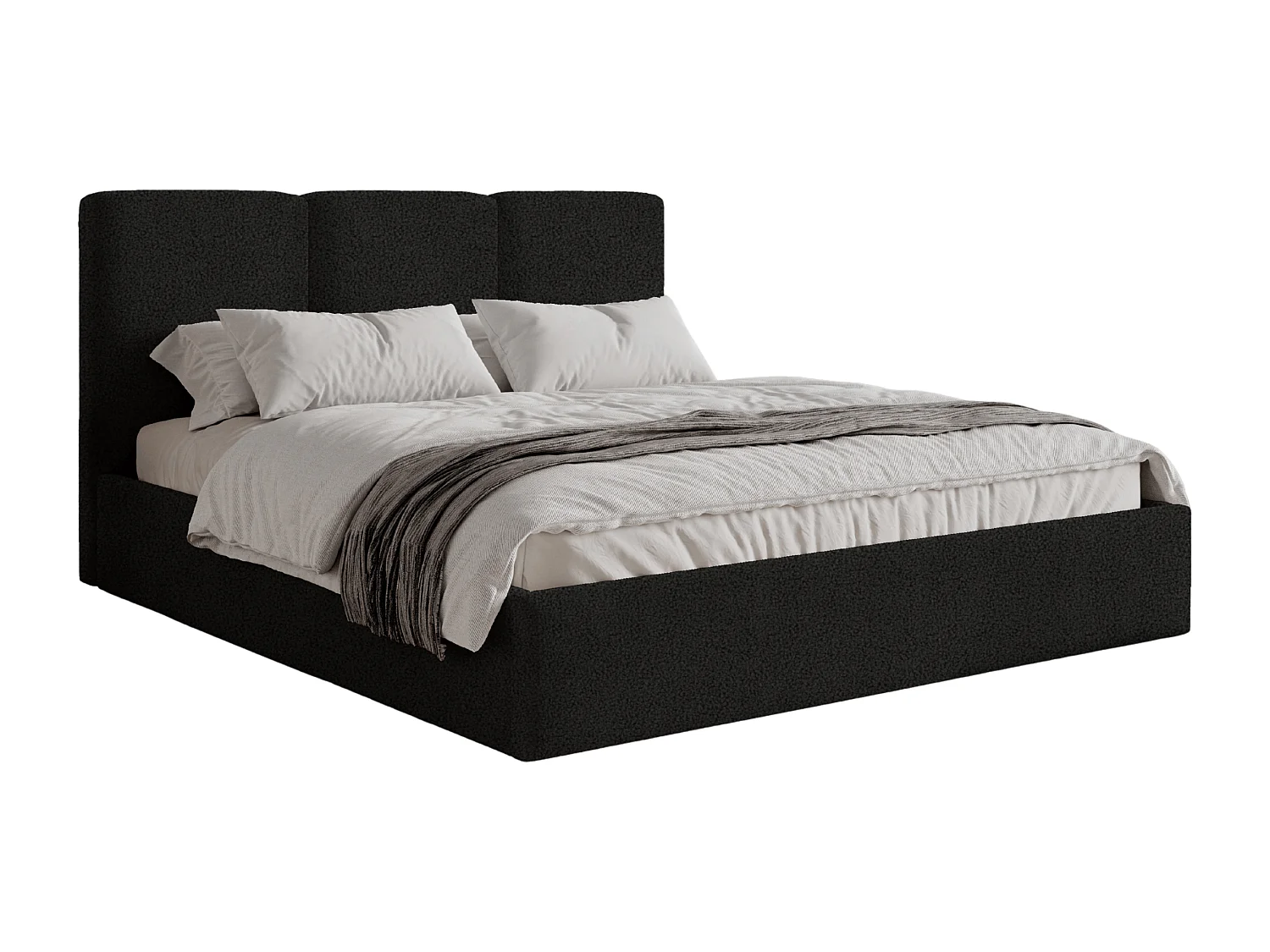 BESILIO Polsterbett 200x200 Mira Bouclé – Bett mit Bettkasten und Holzlattenrost, modernes Stauraumbett Schlafzimmer, Bouclé Stoff – Schwarz