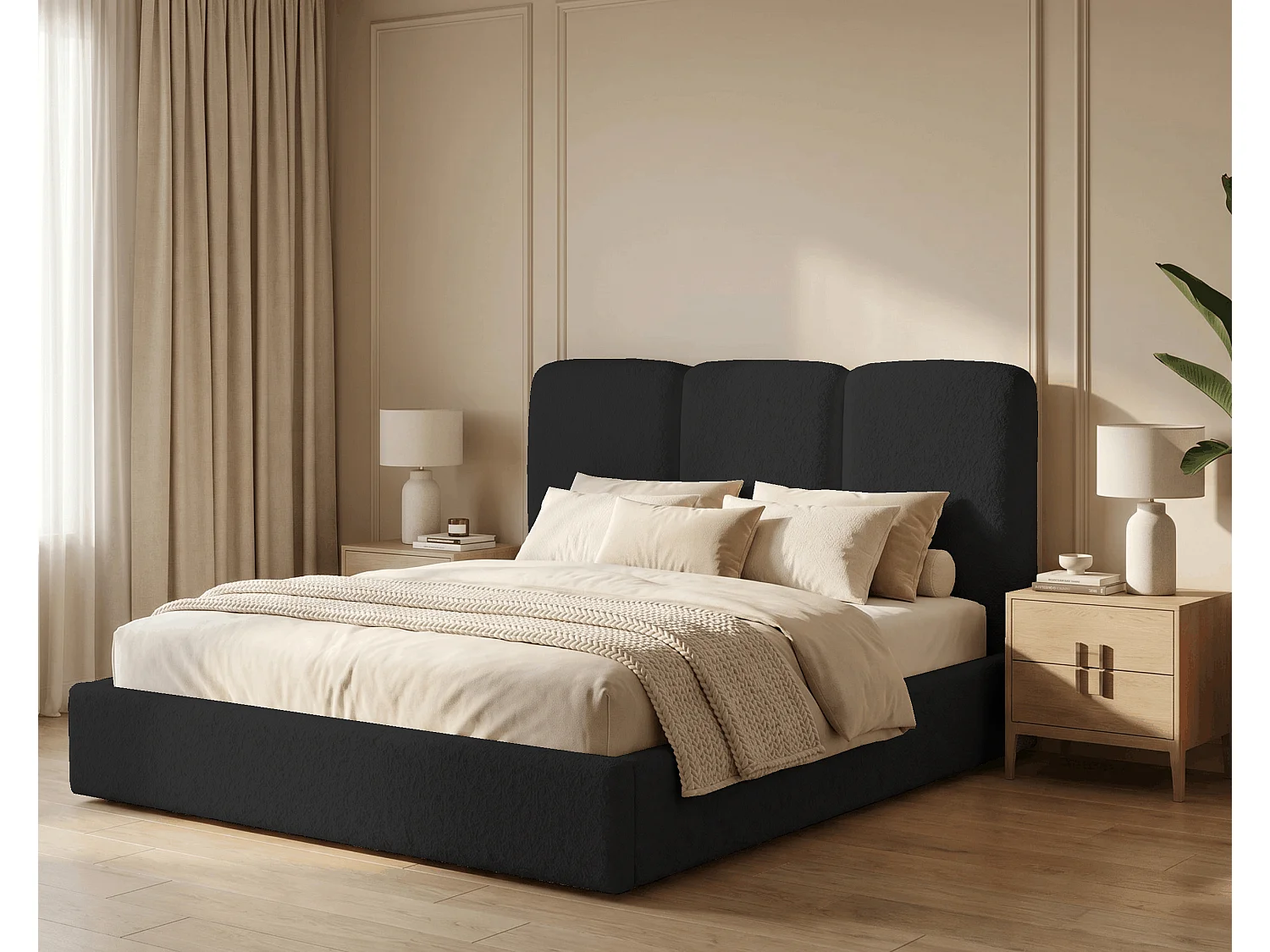 BESILIO Polsterbett 120x200 Mira Bouclé – Bett mit Bettkasten und Holzlattenrost, modernes Stauraumbett Schlafzimmer, Bouclé Stoff – Schwarz