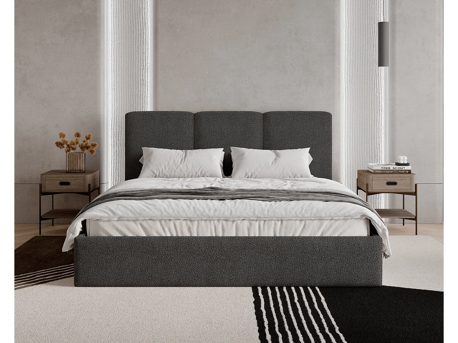 BESILIO Polsterbett 120x200 Mira Bouclé – Bett mit Bettkasten und Holzlattenrost, modernes Stauraumbett Schlafzimmer, Bouclé Stoff – Grau