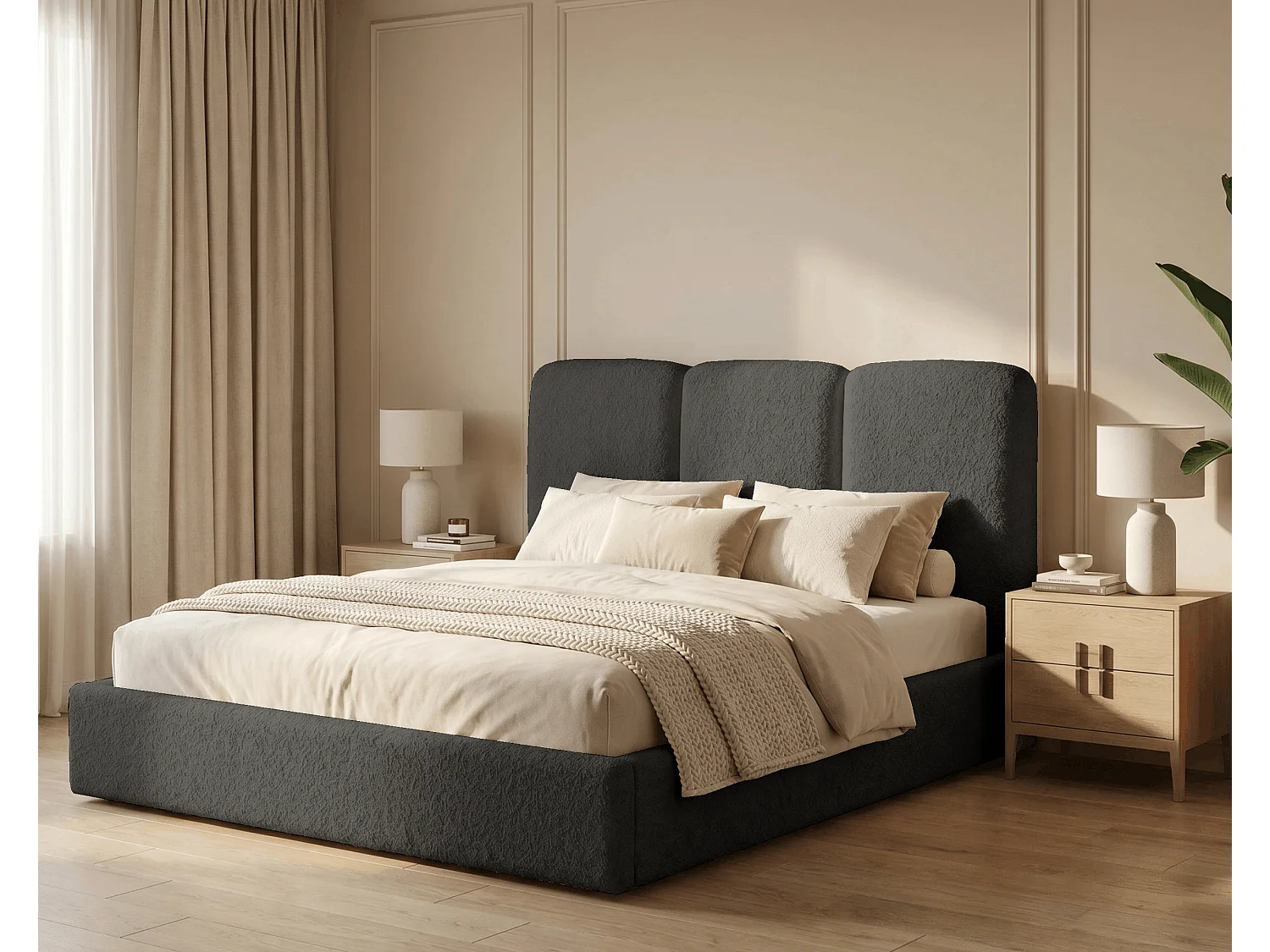 BESILIO Polsterbett 120x200 Mira Bouclé – Bett mit Bettkasten und Holzlattenrost, modernes Stauraumbett Schlafzimmer, Bouclé Stoff – Grau