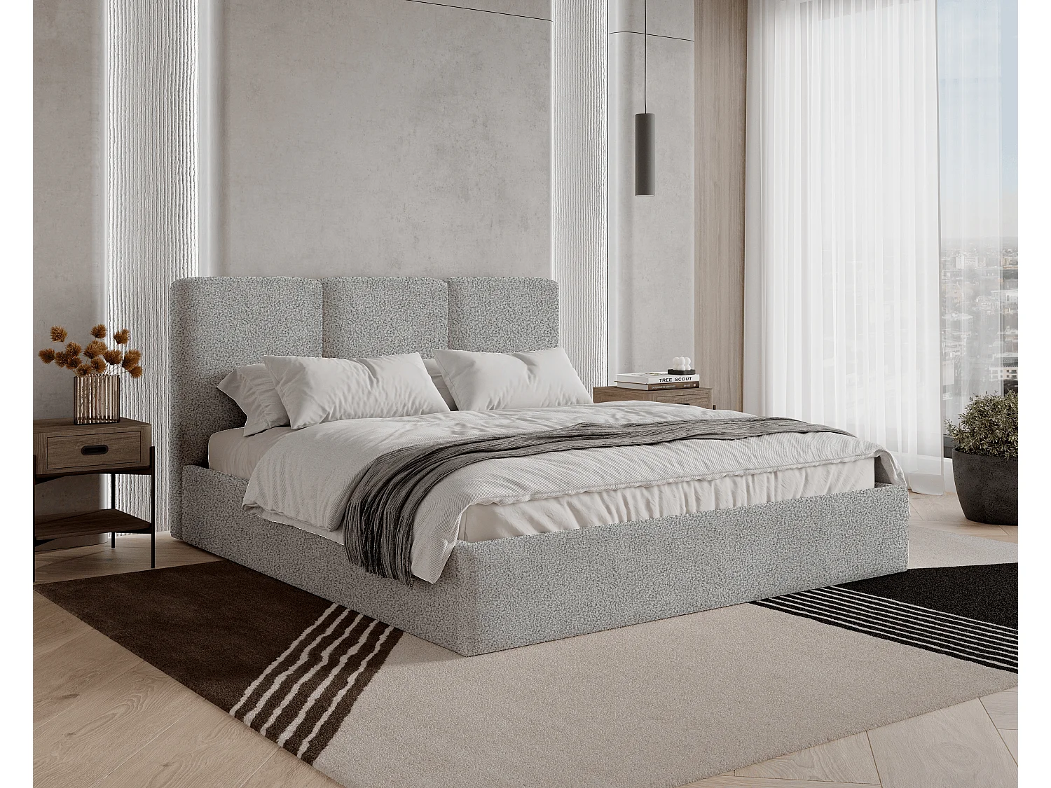 BESILIO Polsterbett 160x200 Mira Bouclé – Bett mit Bettkasten und Holzlattenrost, modernes Stauraumbett Schlafzimmer, Bouclé Stoff – Hellgrau