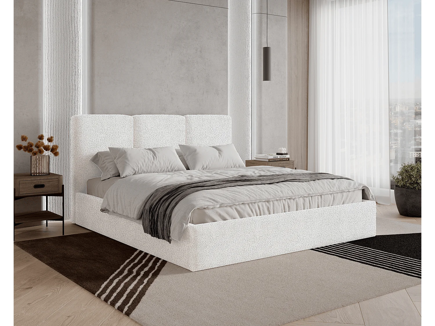 BESILIO Polsterbett 180x200 Mira Bouclé – Bett mit Bettkasten und Holzlattenrost, modernes Stauraumbett Schlafzimmer, Bouclé Stoff – Weiß