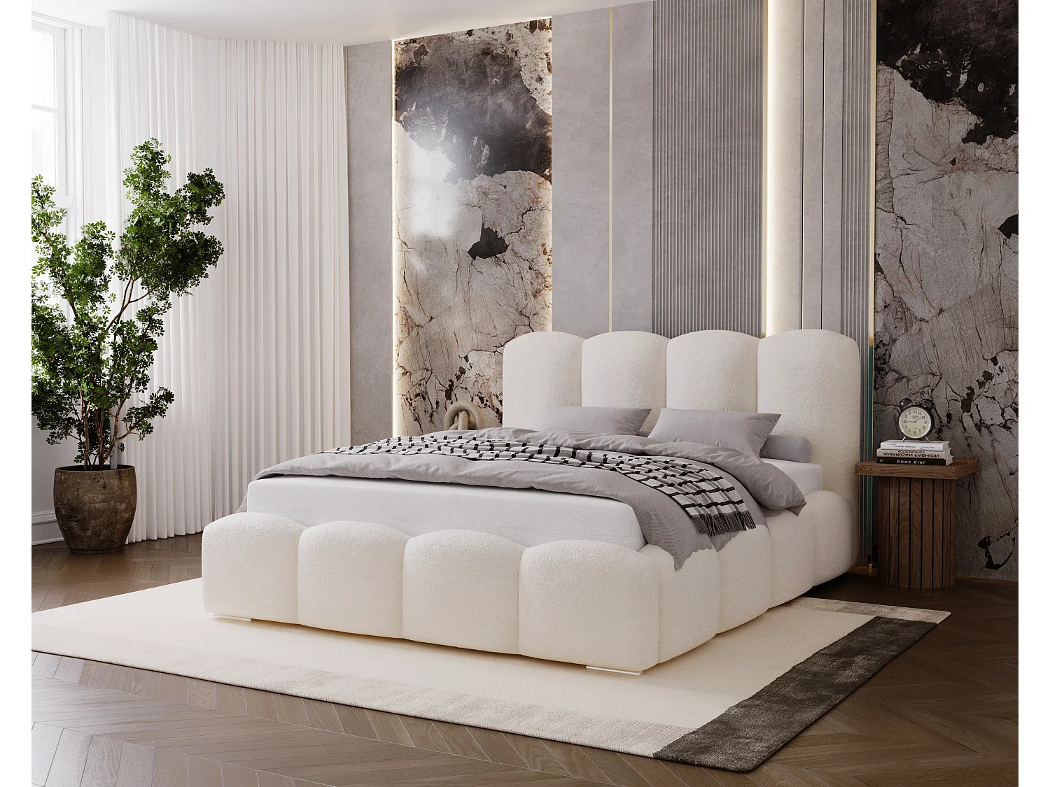 BESILIO Łóżko tapicerowane 180x200 Fluffy – łóżko chmurka boucle, z pojemnikiem na pościel i stelażem, gruba pianka, nowoczesne łóżko do sypialni – Kremowy