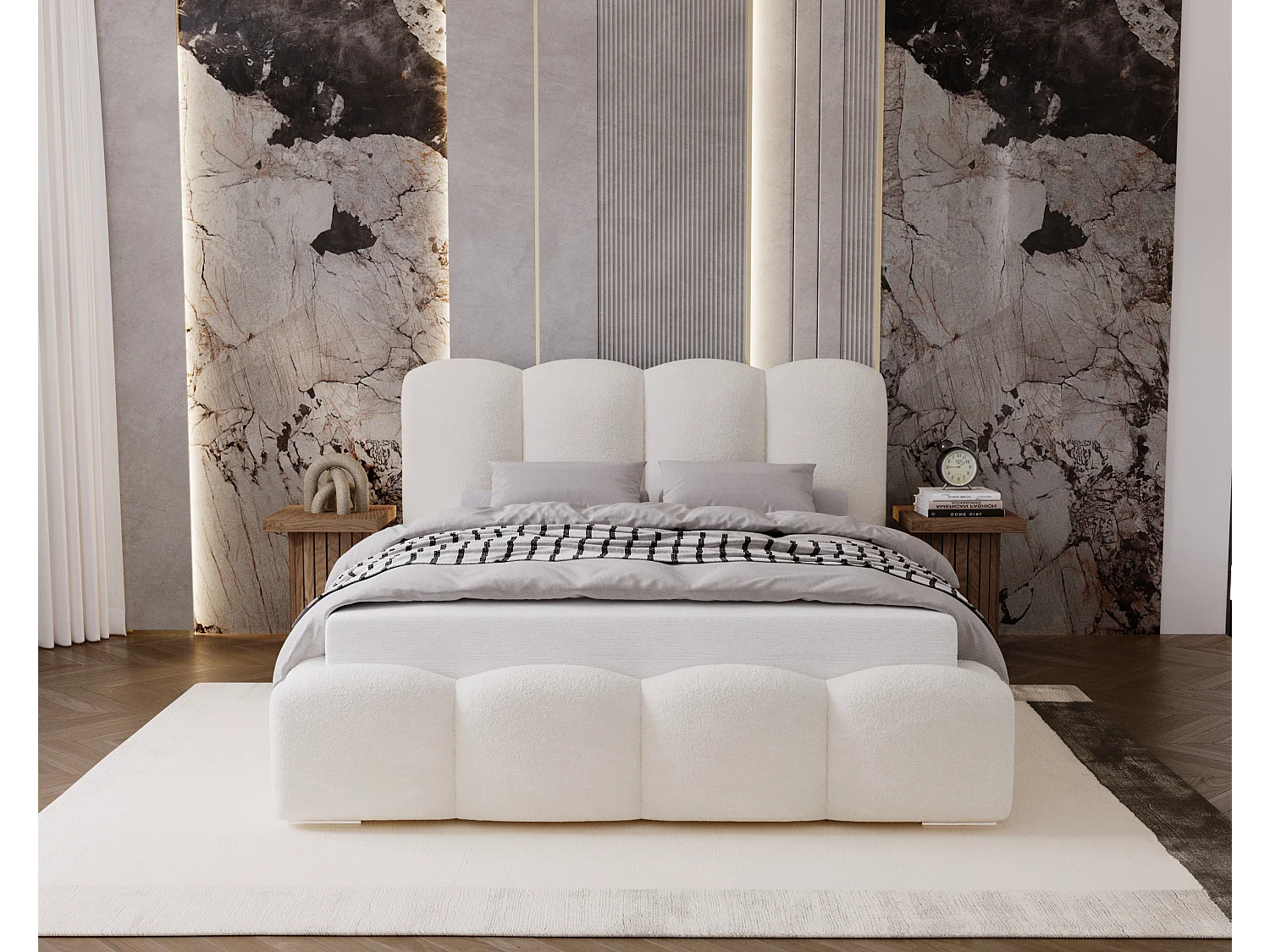 BESILIO Łóżko tapicerowane 180x200 Fluffy – łóżko chmurka boucle, z pojemnikiem na pościel i stelażem, gruba pianka, nowoczesne łóżko do sypialni – Kremowy