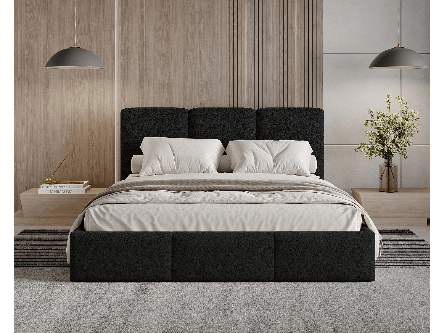 Gestoffeerd bed 180x200 Elora bouclé – bed met opbergruimte en lattenbodem, modern opbergbed, slaapkamerbed, trendy bouclé stof – Zwart