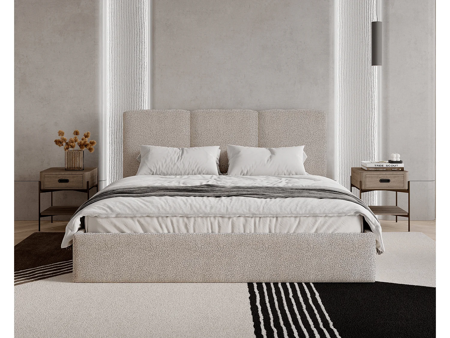 BESILIO Polsterbett 180x200 Mira Bouclé – Bett mit Bettkasten und Holzlattenrost, modernes Stauraumbett Schlafzimmer, Bouclé Stoff – Beige