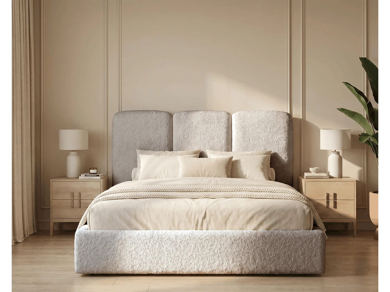 BESILIO Polsterbett 180x200 Mira Bouclé – Bett mit Bettkasten und Holzlattenrost, modernes Stauraumbett Schlafzimmer, Bouclé Stoff – Beige