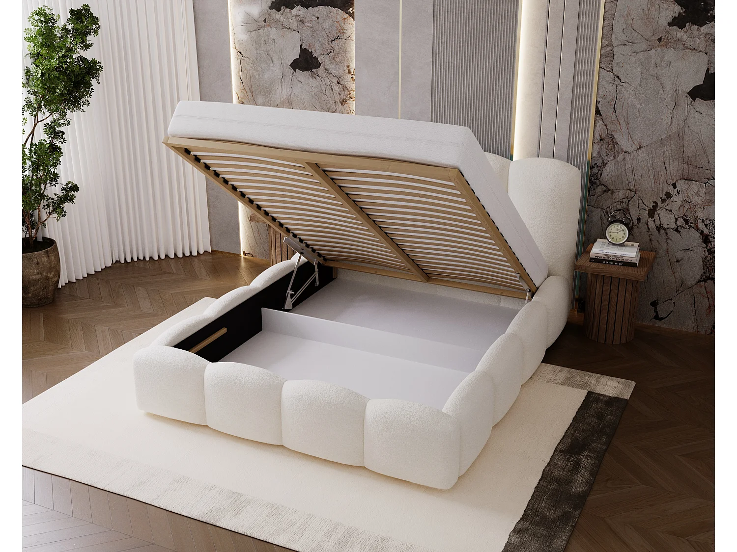 BESILIO Gestoffeerd bed 180x200 Fluffy – wolkenbed bouclé, bed met opbergruimte en lattenbodem, dikke schuimvulling, modern opbergbed slaapkamer – Zwart