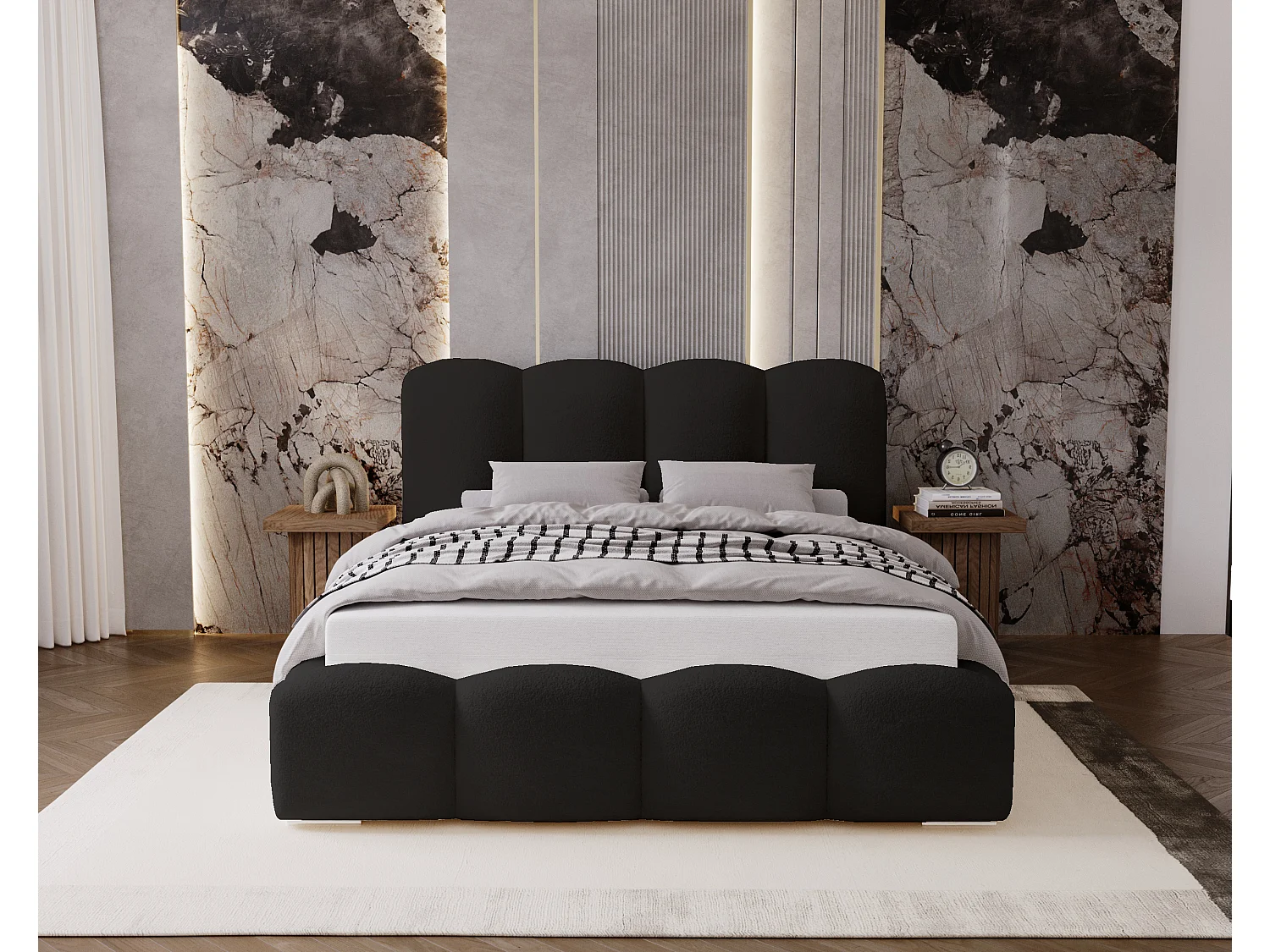 BESILIO Gestoffeerd bed 180x200 Fluffy – wolkenbed bouclé, bed met opbergruimte en lattenbodem, dikke schuimvulling, modern opbergbed slaapkamer – Zwart