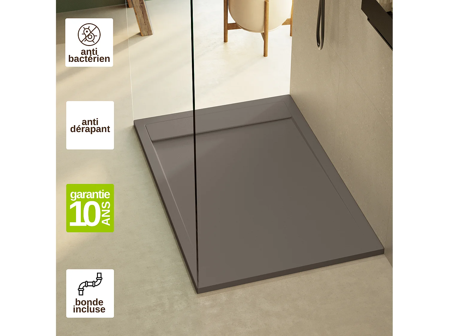 Receveur de douche 150x80 extra-plat Marron en résine minérale antidérapant effet ardoise - Magnus LAVABERG