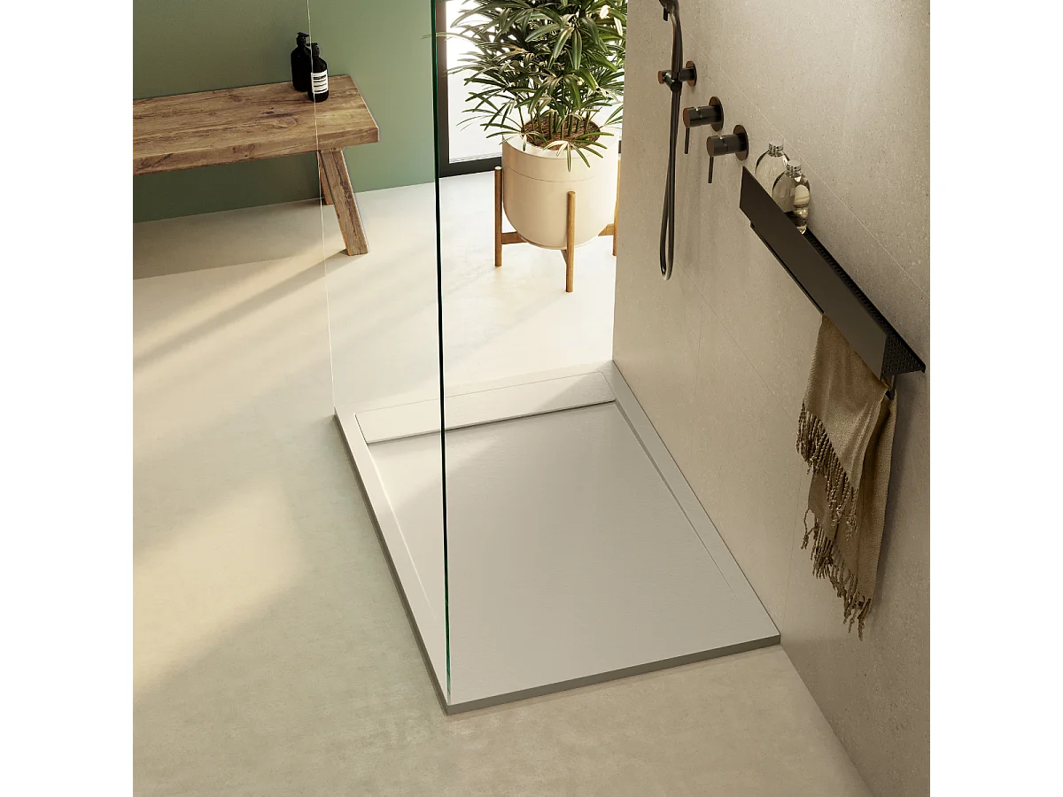 Receveur de douche 110x70 extra-plat Beige en résine minérale antidérapant effet ardoise - Magnus LAVABERG