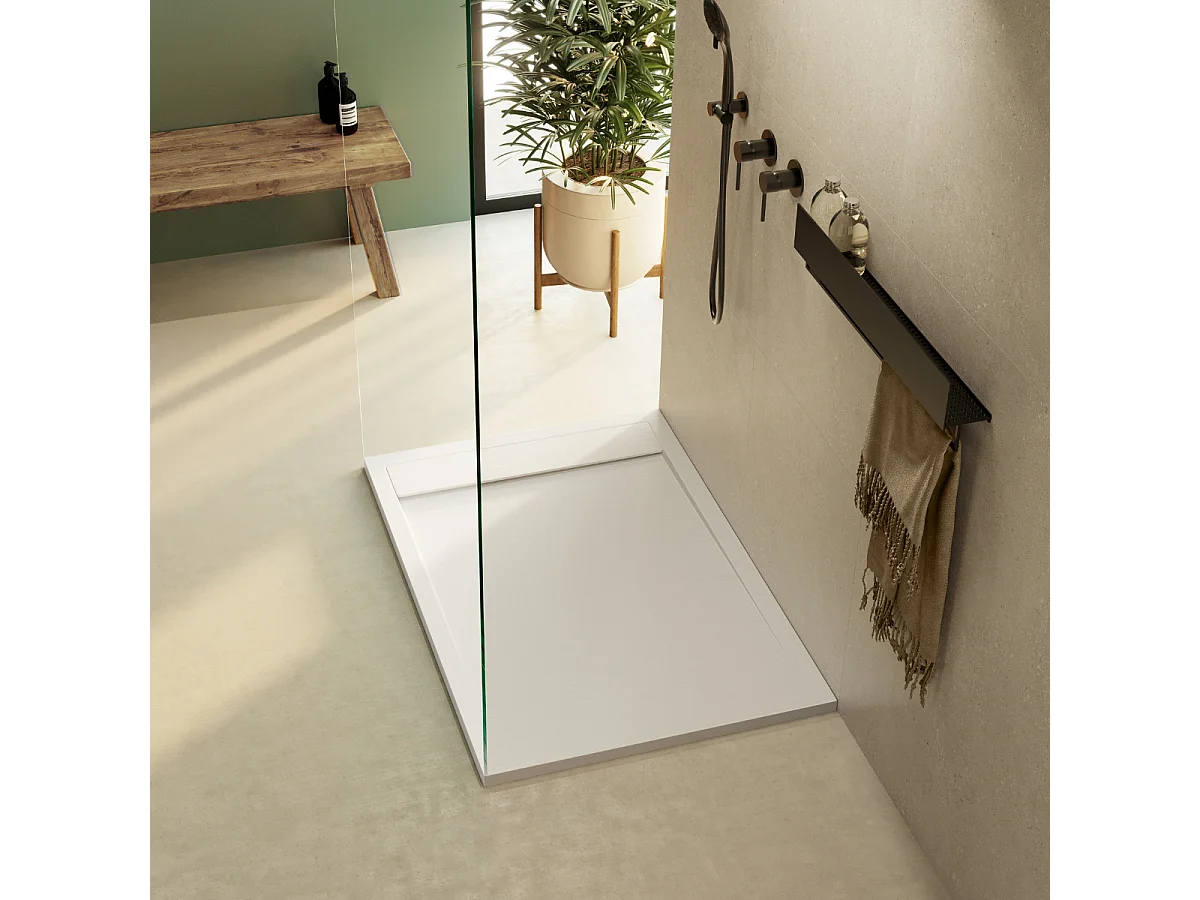 Receveur de douche 100x70 extra-plat Blanc en résine minérale antidérapant effet ardoise - Magnus LAVABERG