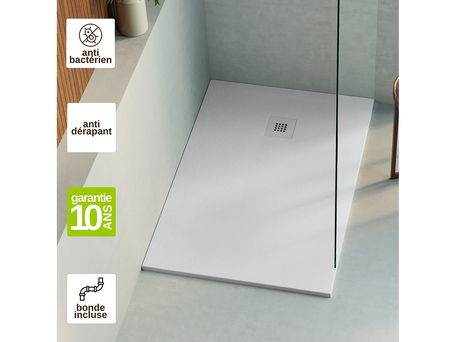 Receveur de douche 130x80 extra-plat Gris en résine minérale antidérapant effet ardoise - Thor LAVABERG