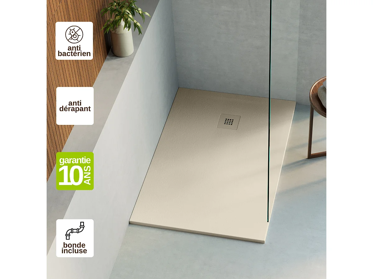 Receveur de douche 140x100 extra-plat Beige en résine minérale antidérapant effet ardoise - Thor LAVABERG