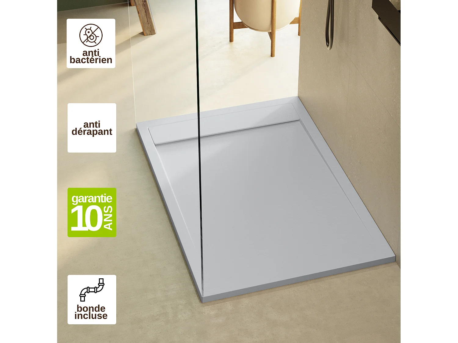 Receveur de douche 150x80 extra-plat Gris en résine minérale antidérapant effet ardoise - Magnus LAVABERG