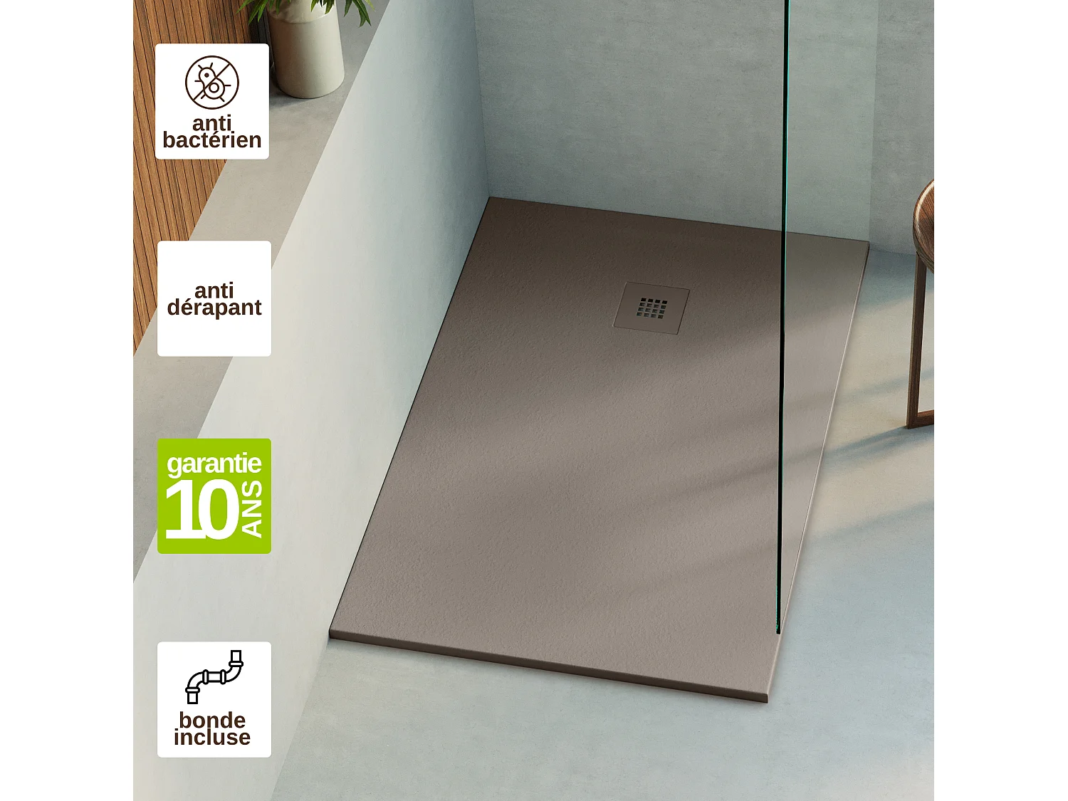 Receveur de douche 170x70 extra-plat Marron en résine minérale antidérapant effet ardoise - Thor LAVABERG