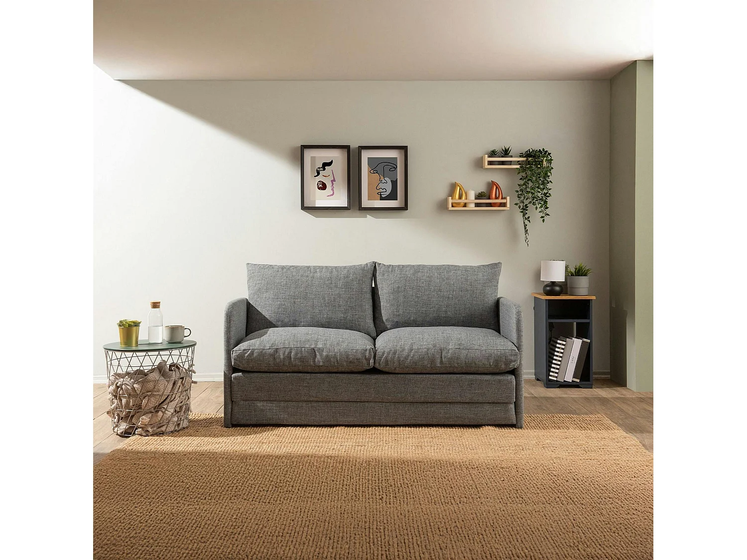 Canapé-lit en lin gris chiné, 2 personnes 140 cm ORURO