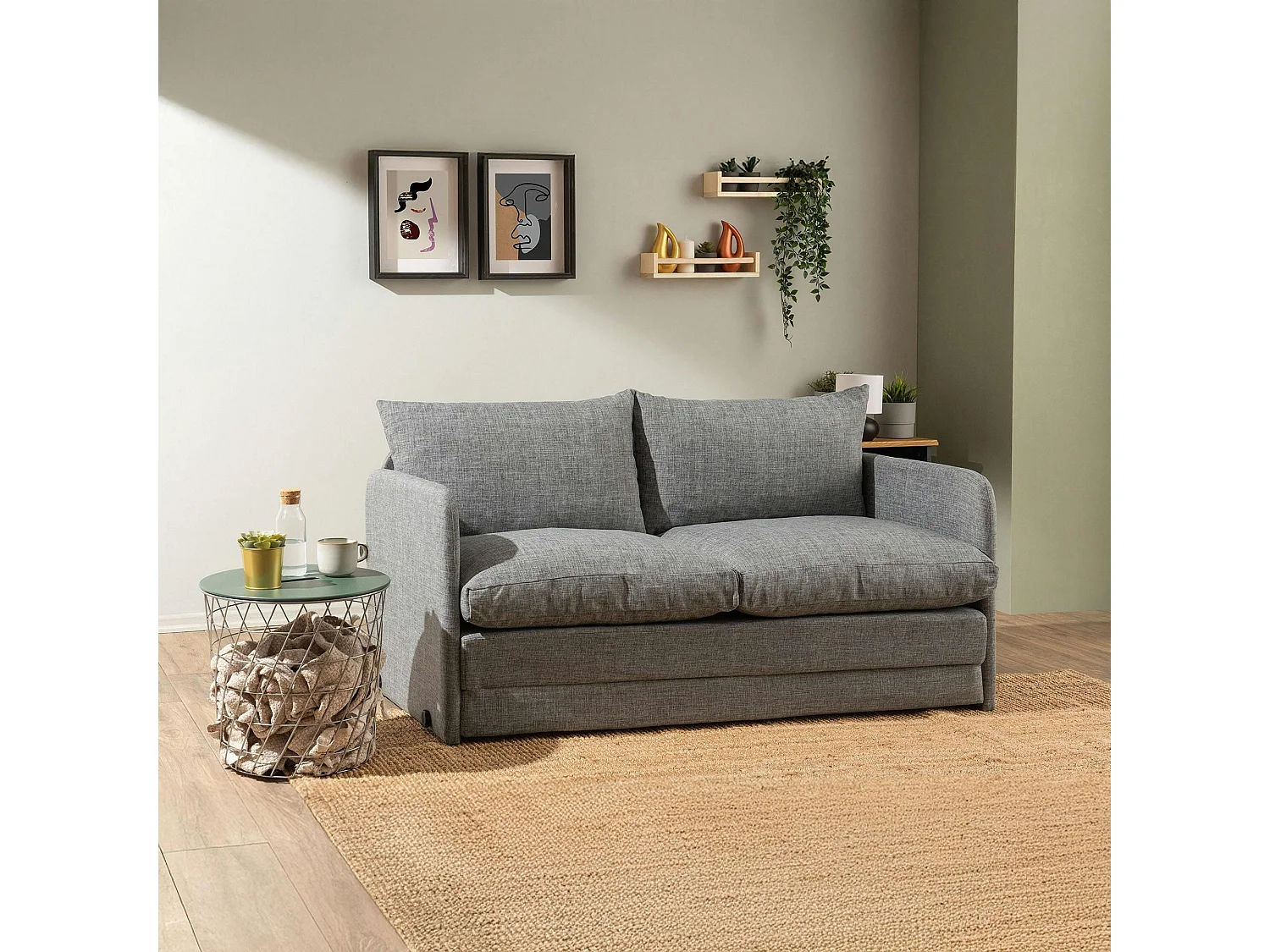 Canapé-lit en lin gris chiné, 2 personnes 140 cm ORURO