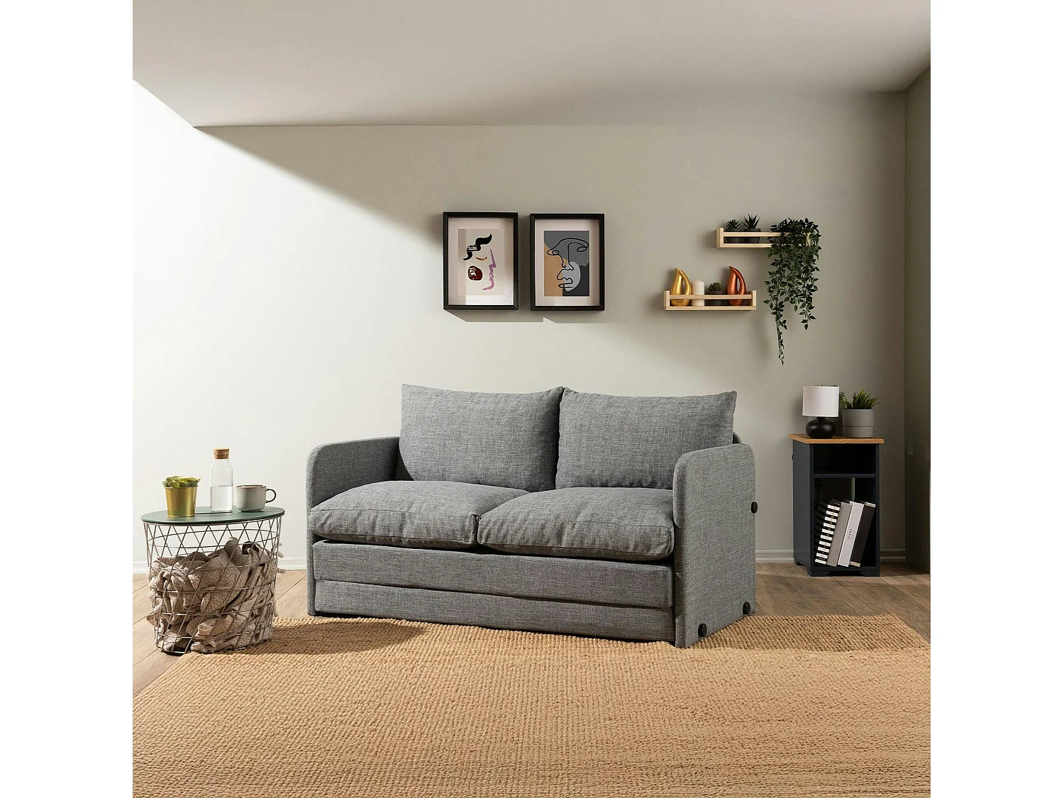 Canapé-lit en lin gris chiné, 2 personnes 140 cm ORURO