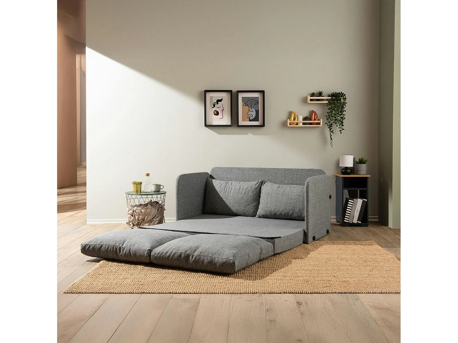 Canapé-lit en lin gris chiné, 2 personnes 140 cm ORURO