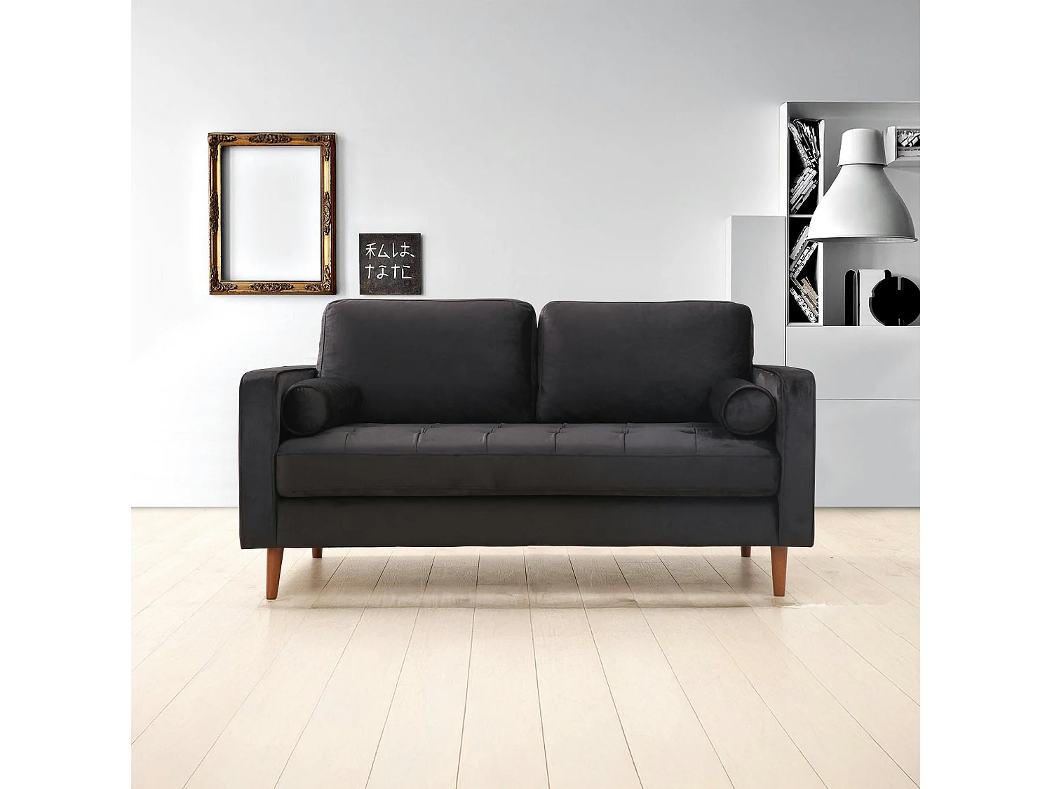 Canapé 2 places velours noir avec coussins polochons CHIBA