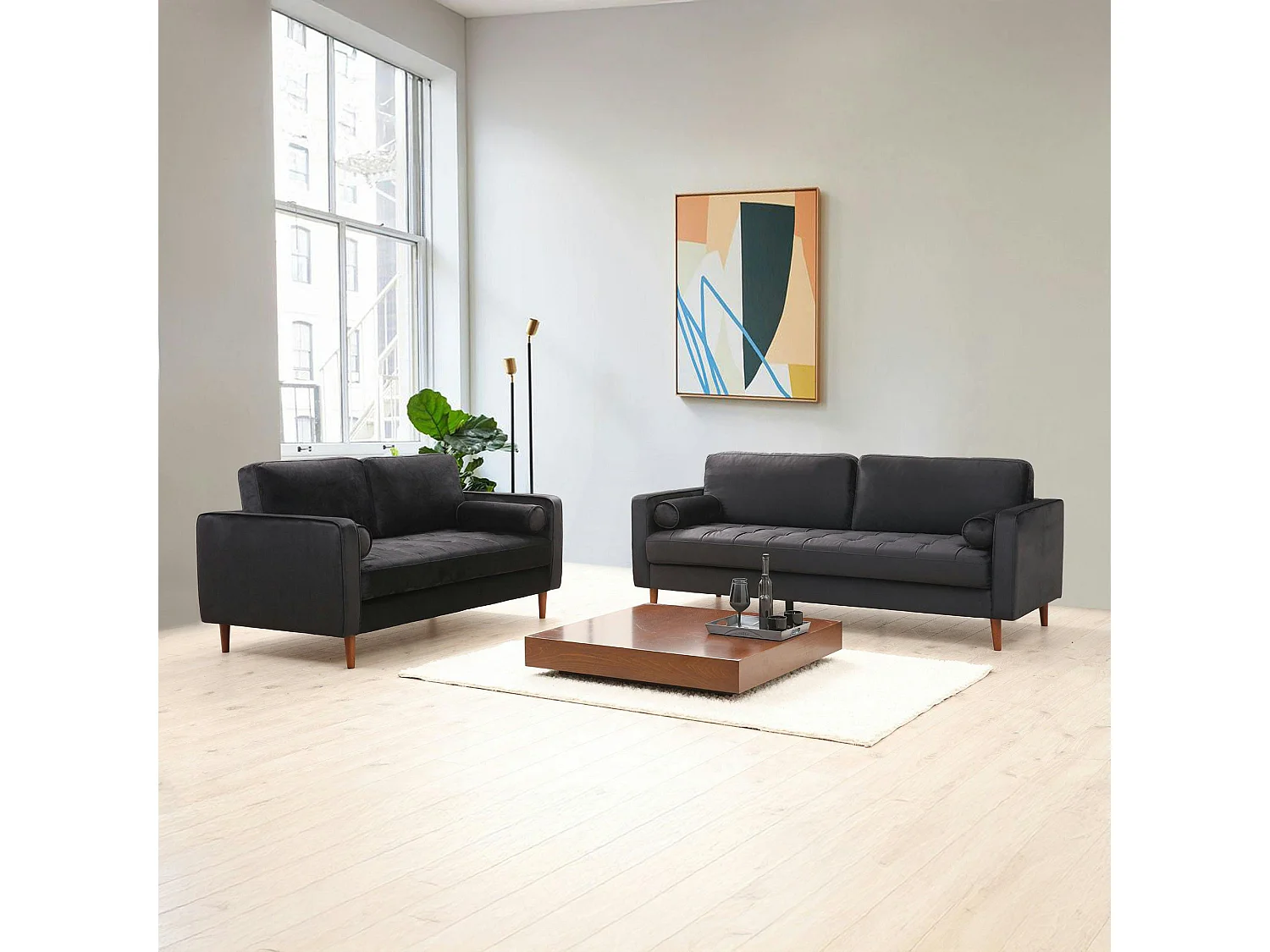 Canapé 2 places velours noir avec coussins polochons CHIBA