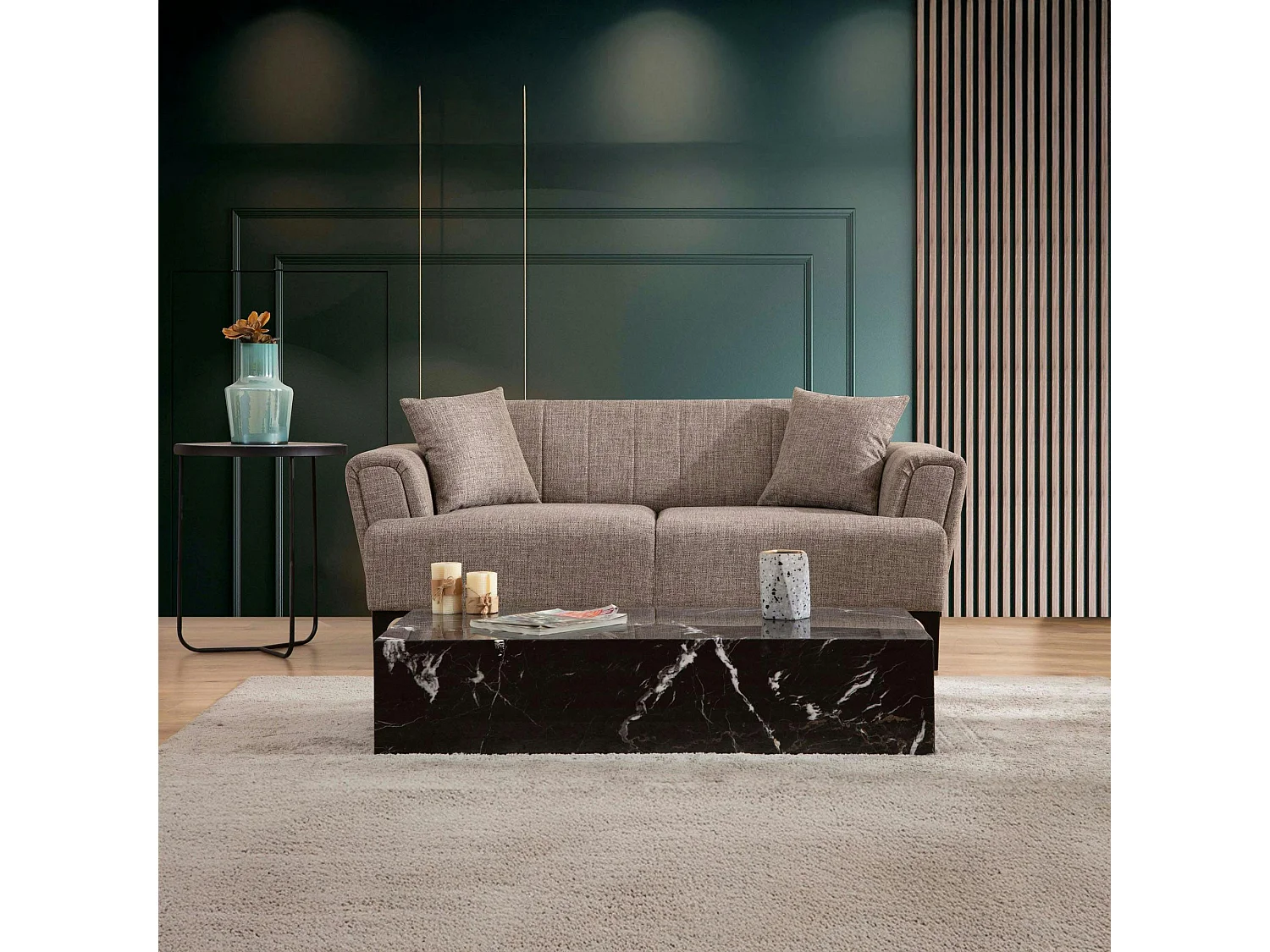 Canapé 2 places taupe, dossier à coutures verticales LUCCA