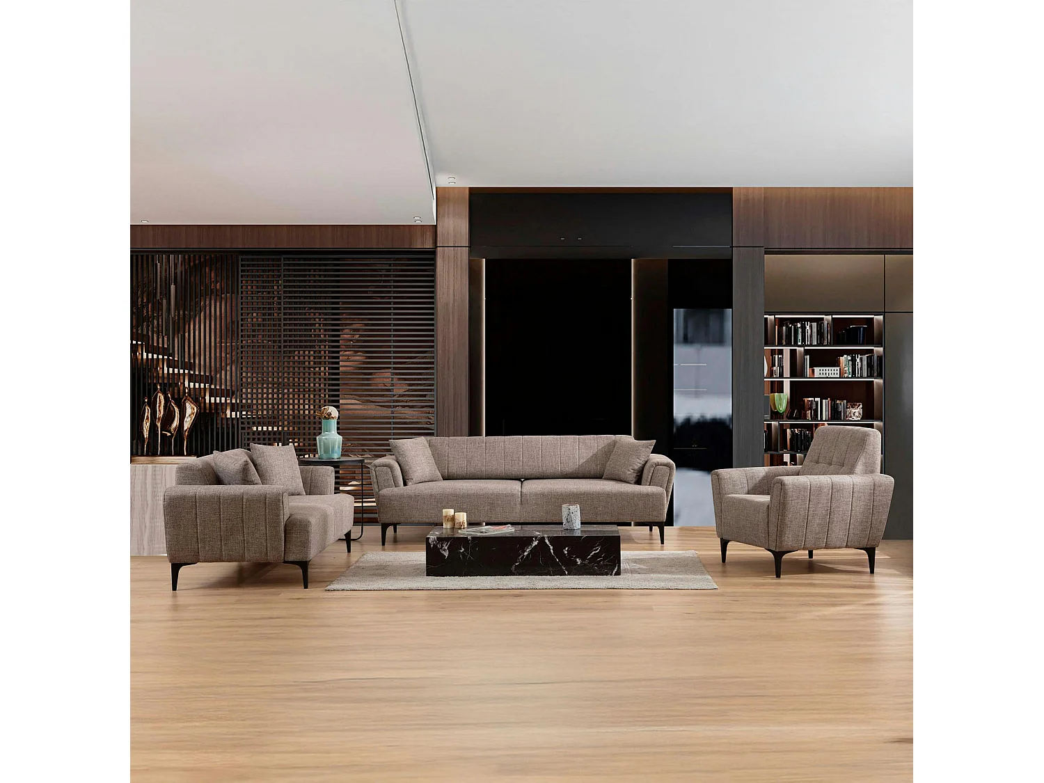 Canapé 2 places taupe, dossier à coutures verticales LUCCA