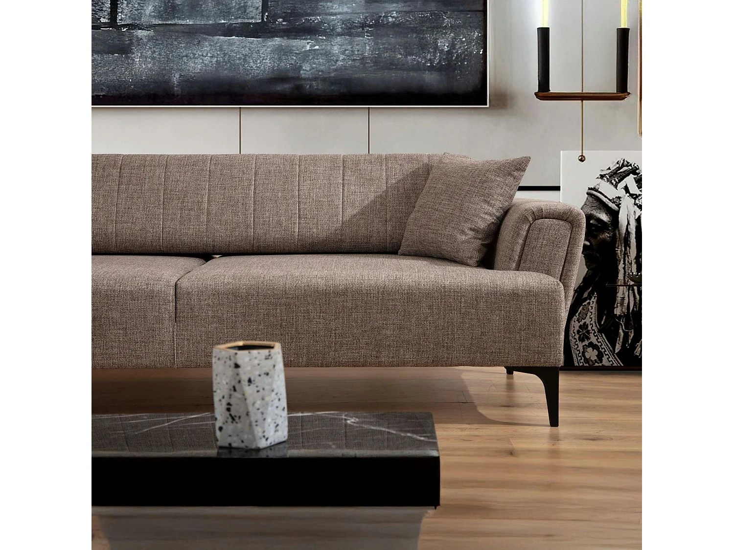 Canapé 2 places taupe, dossier à coutures verticales LUCCA