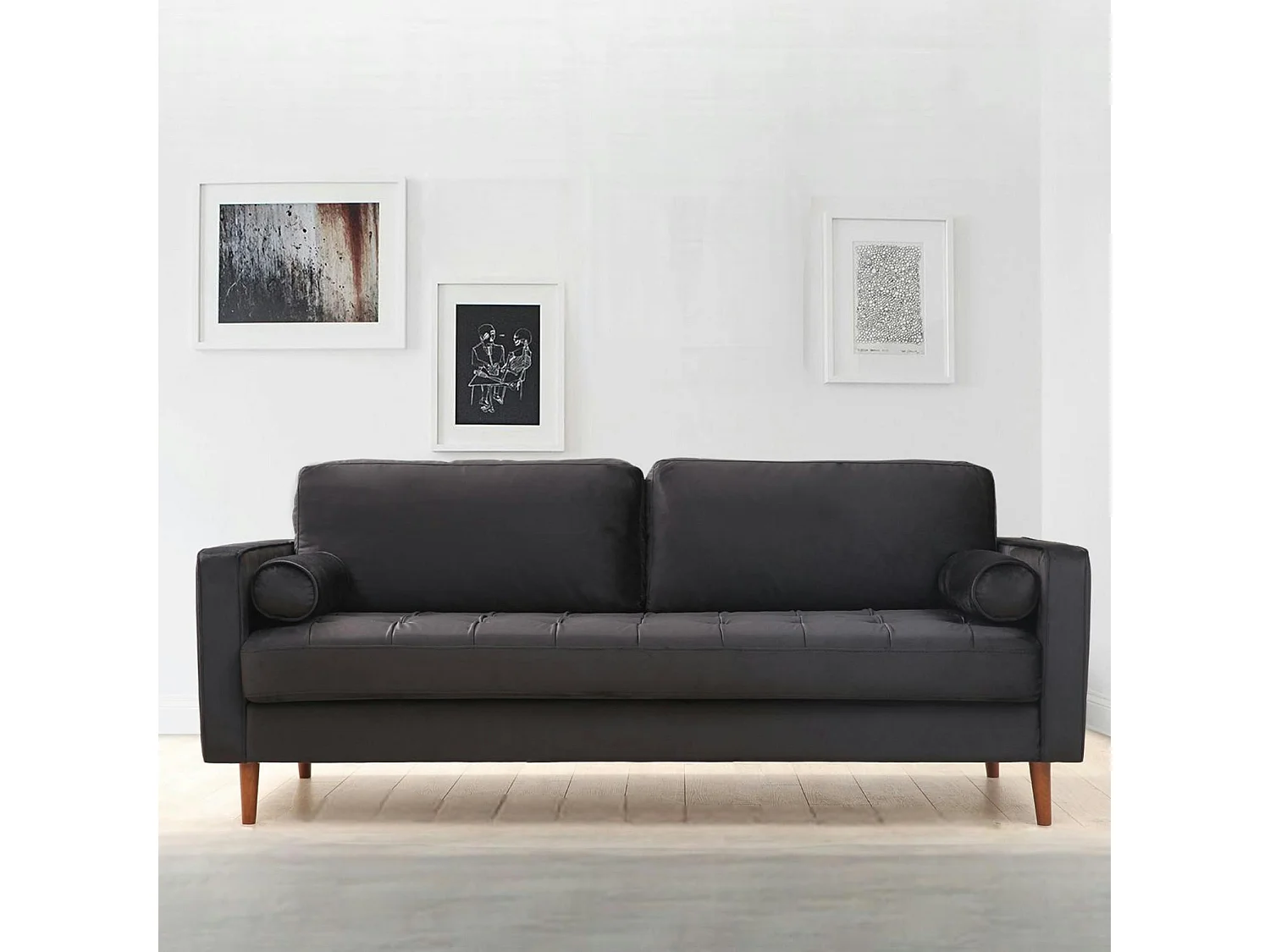 Canapé 3 places velours noir avec coussins polochons CHIBA