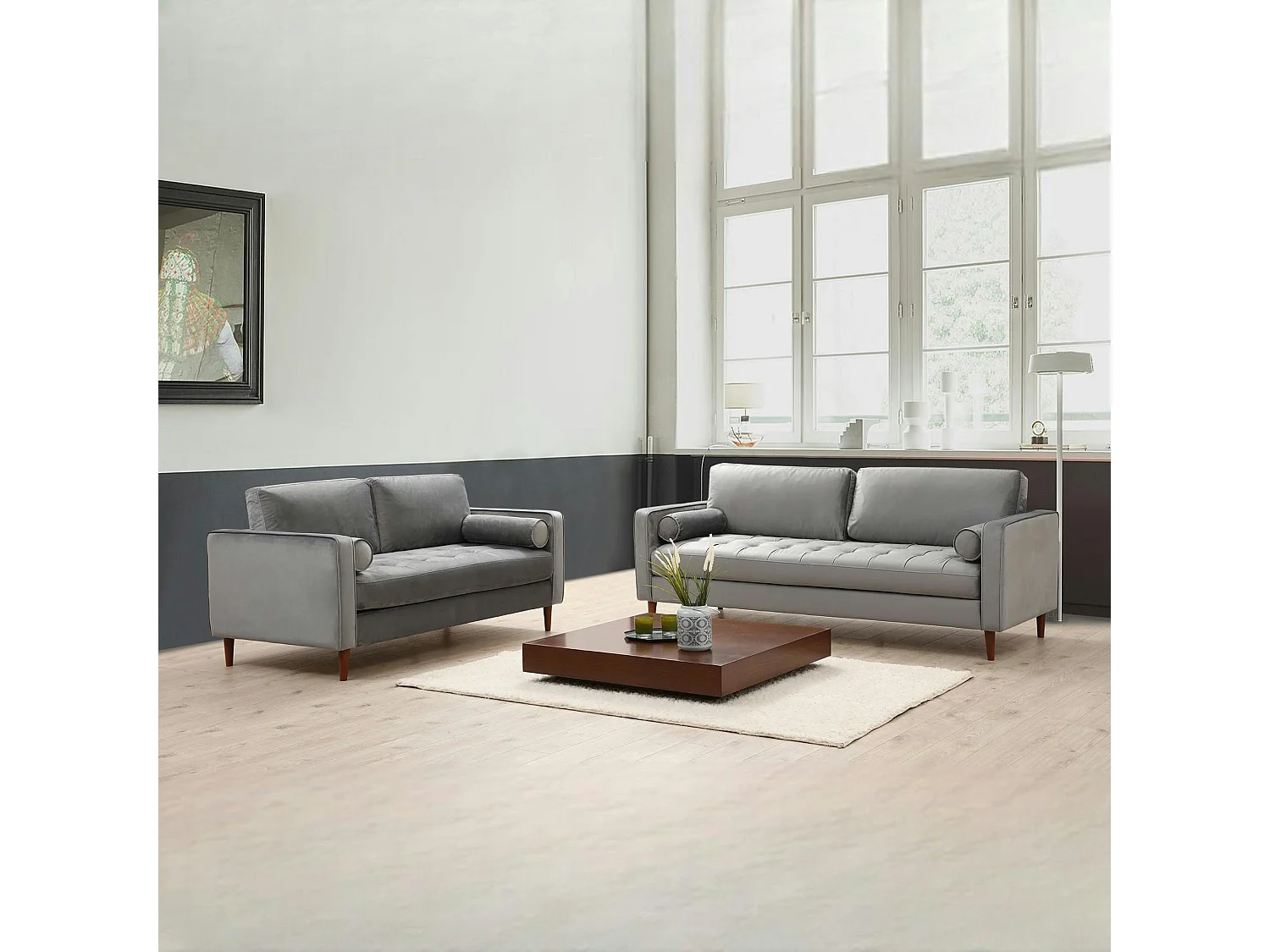 Canapé 3 places velours gris clair avec coussins polochons CHIBA