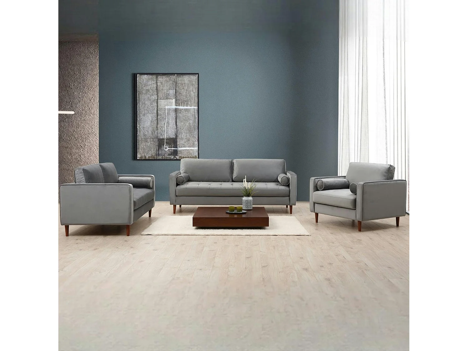 Canapé 3 places velours gris clair avec coussins polochons CHIBA