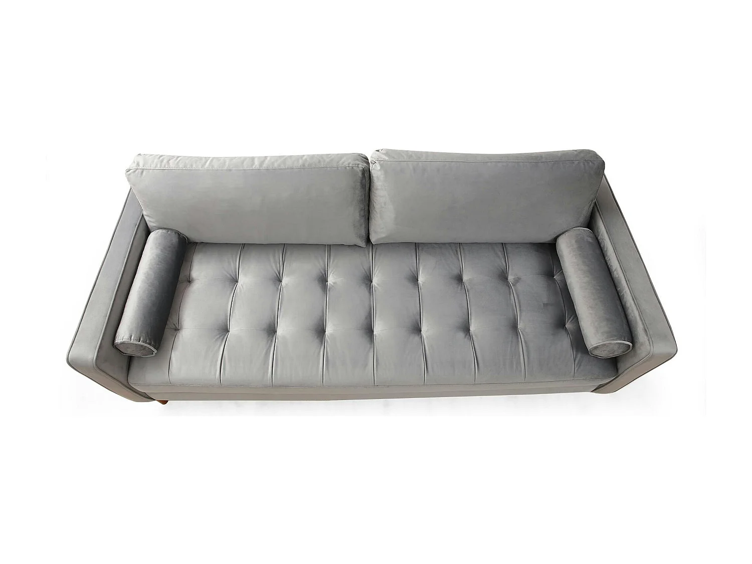 Canapé 3 places velours gris clair avec coussins polochons CHIBA