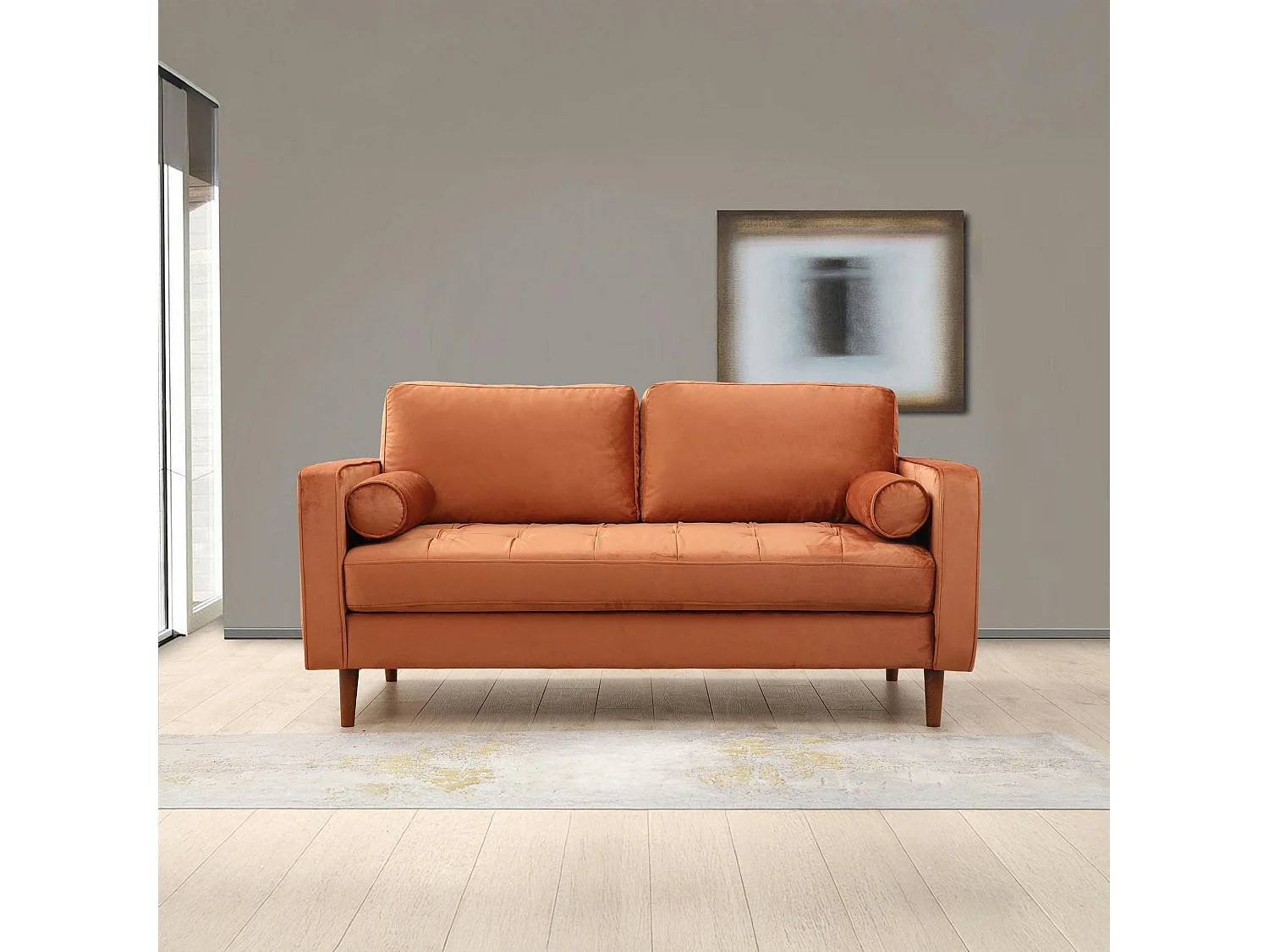 Canapé 2 places velours rouille avec coussins polochons CHIBA