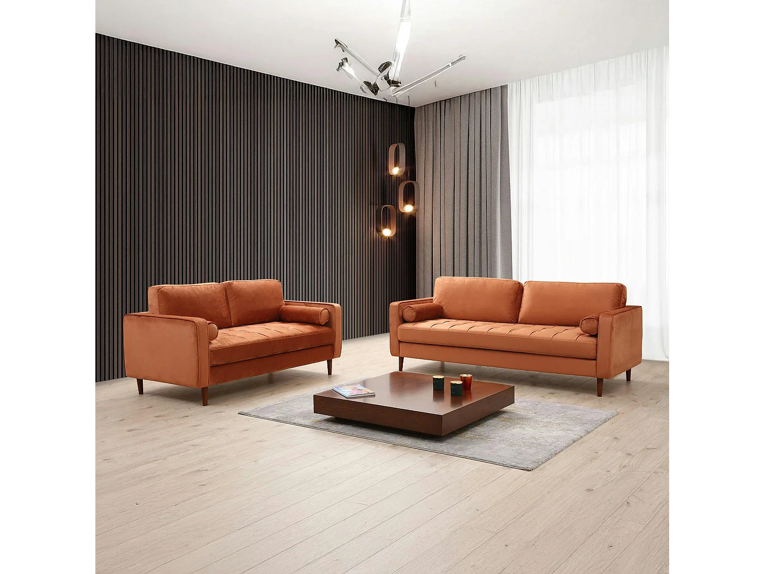 Canapé 2 places velours rouille avec coussins polochons CHIBA