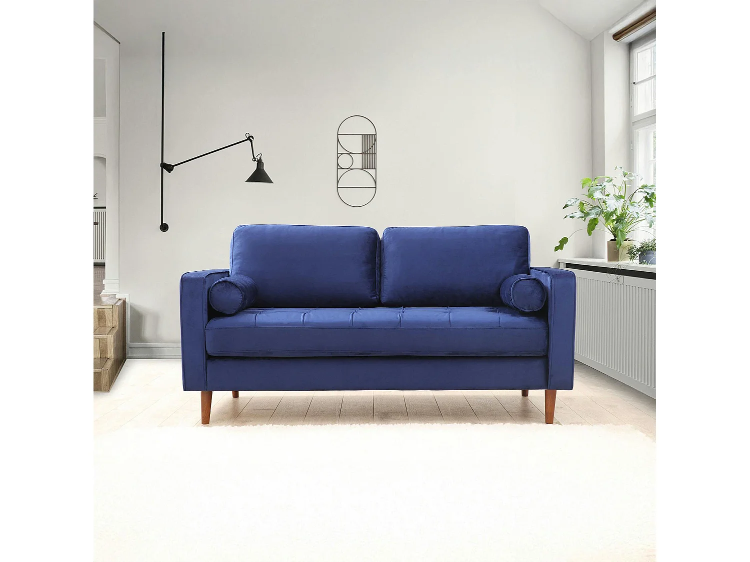 Canapé 2 places velours bleu avec coussins polochons CHIBA