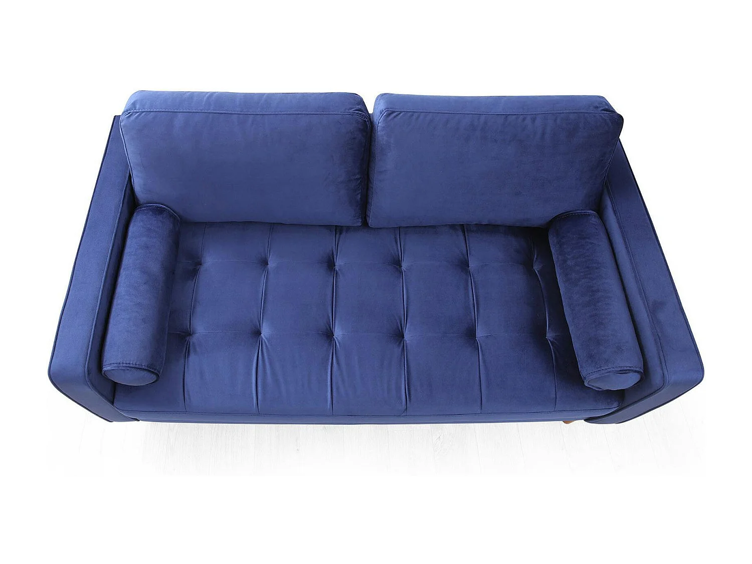 Canapé 2 places velours bleu avec coussins polochons CHIBA